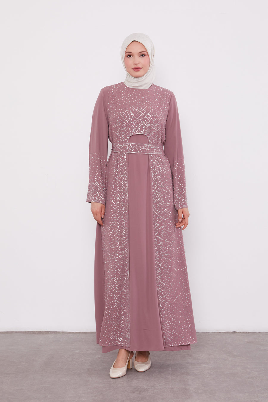 Diamond Beaded 2 Piece Party Abaya Dusty Rose 520703