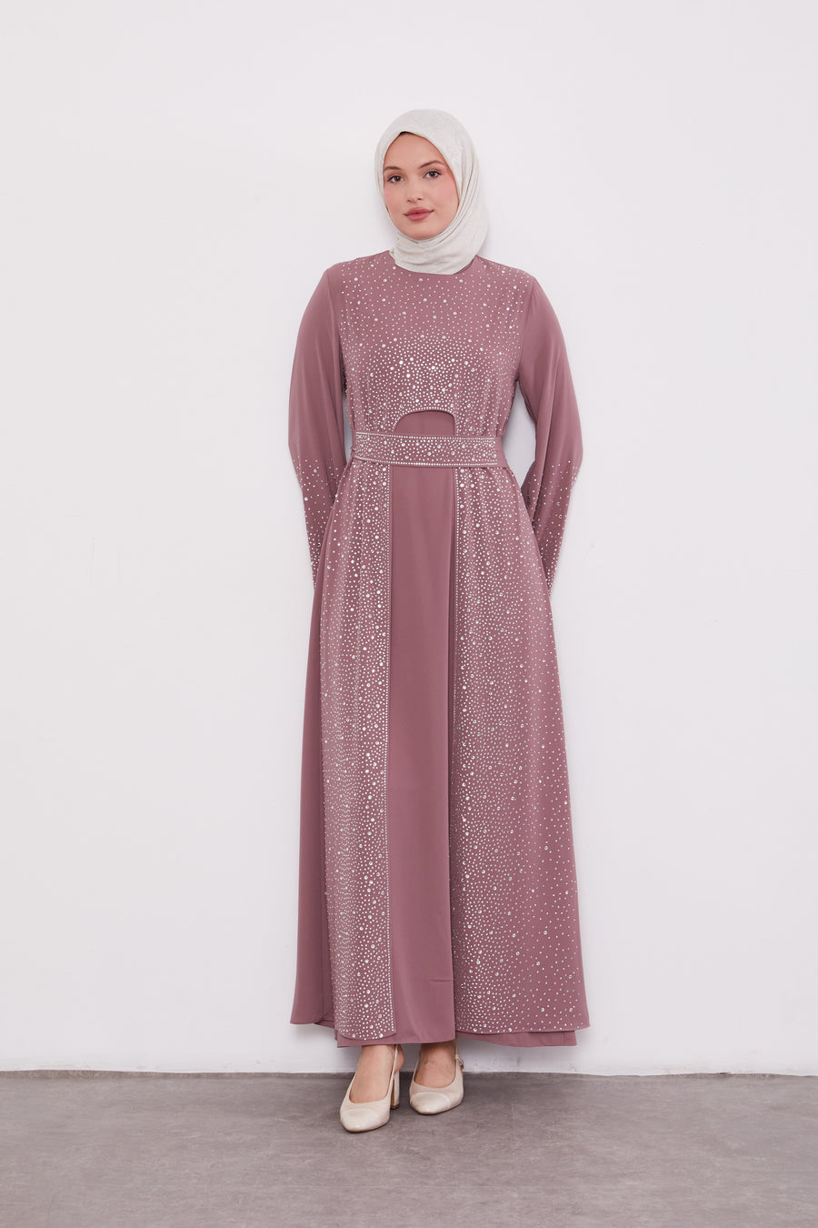 Diamond Beaded 2 Piece Party Abaya Dusty Rose 520703
