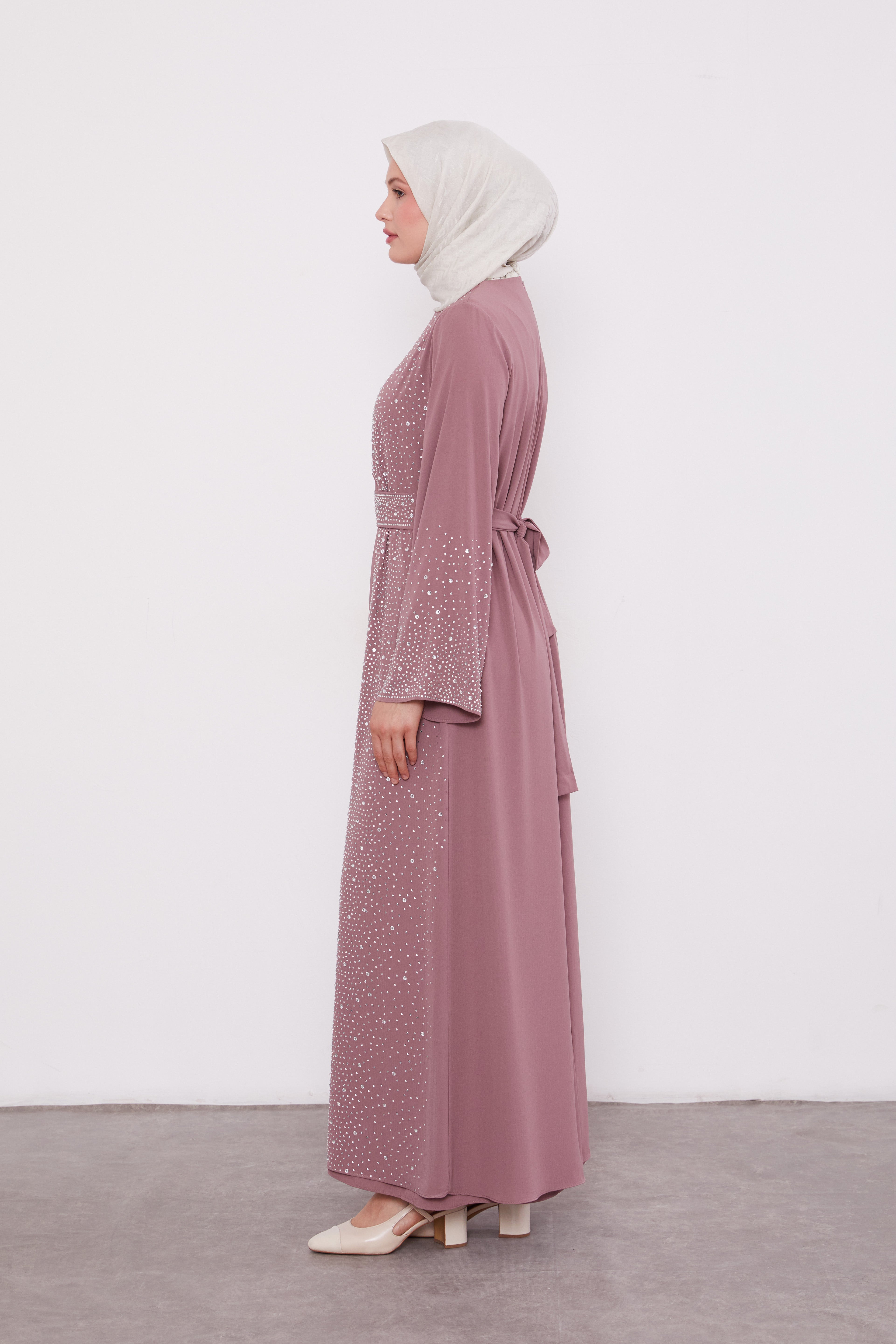 Diamond Beaded 2 Piece Party Abaya Dusty Rose