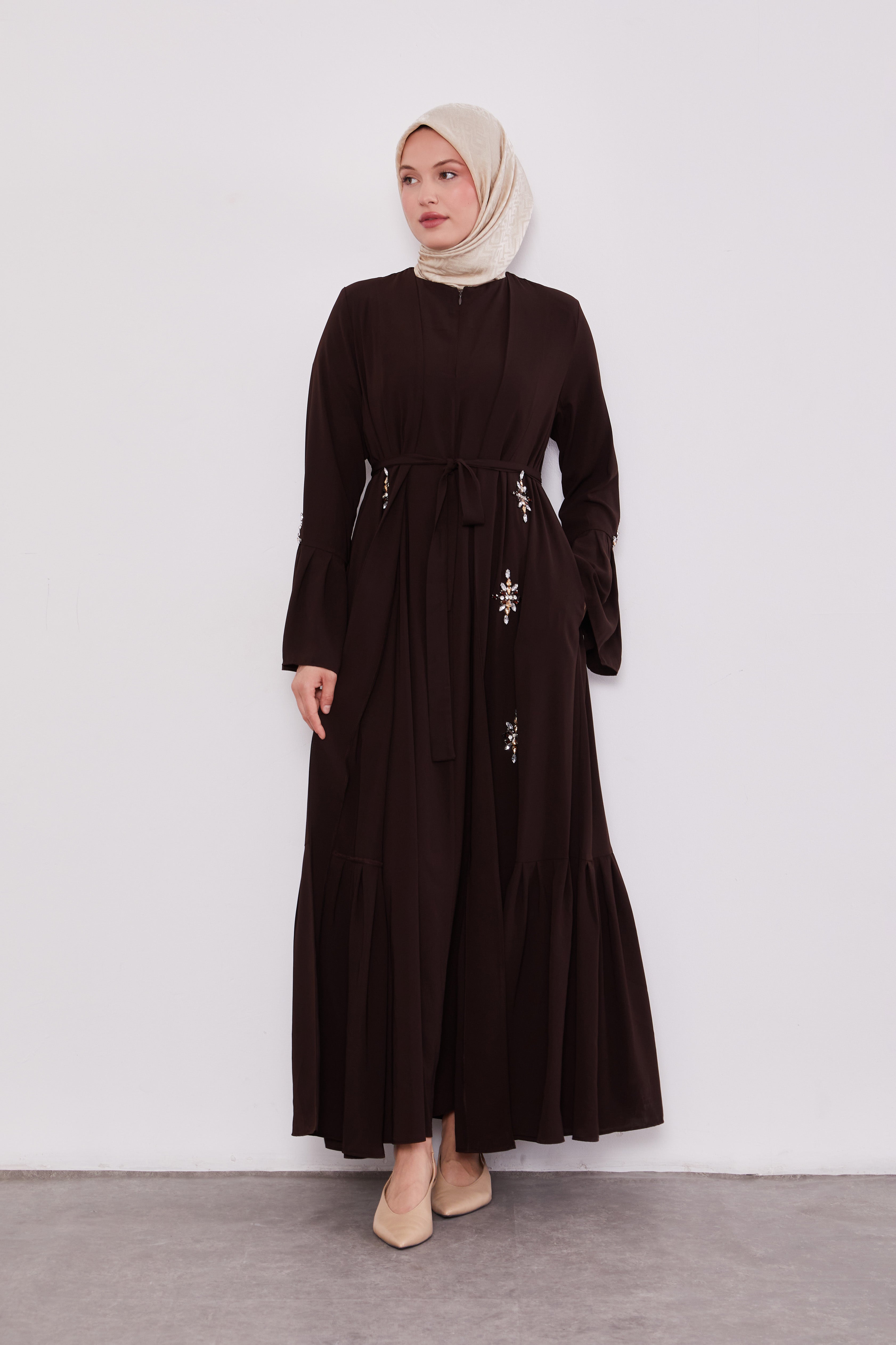 Two Piece Frilled Corsage Diamond Kimono Set Bitter Coffee 520709