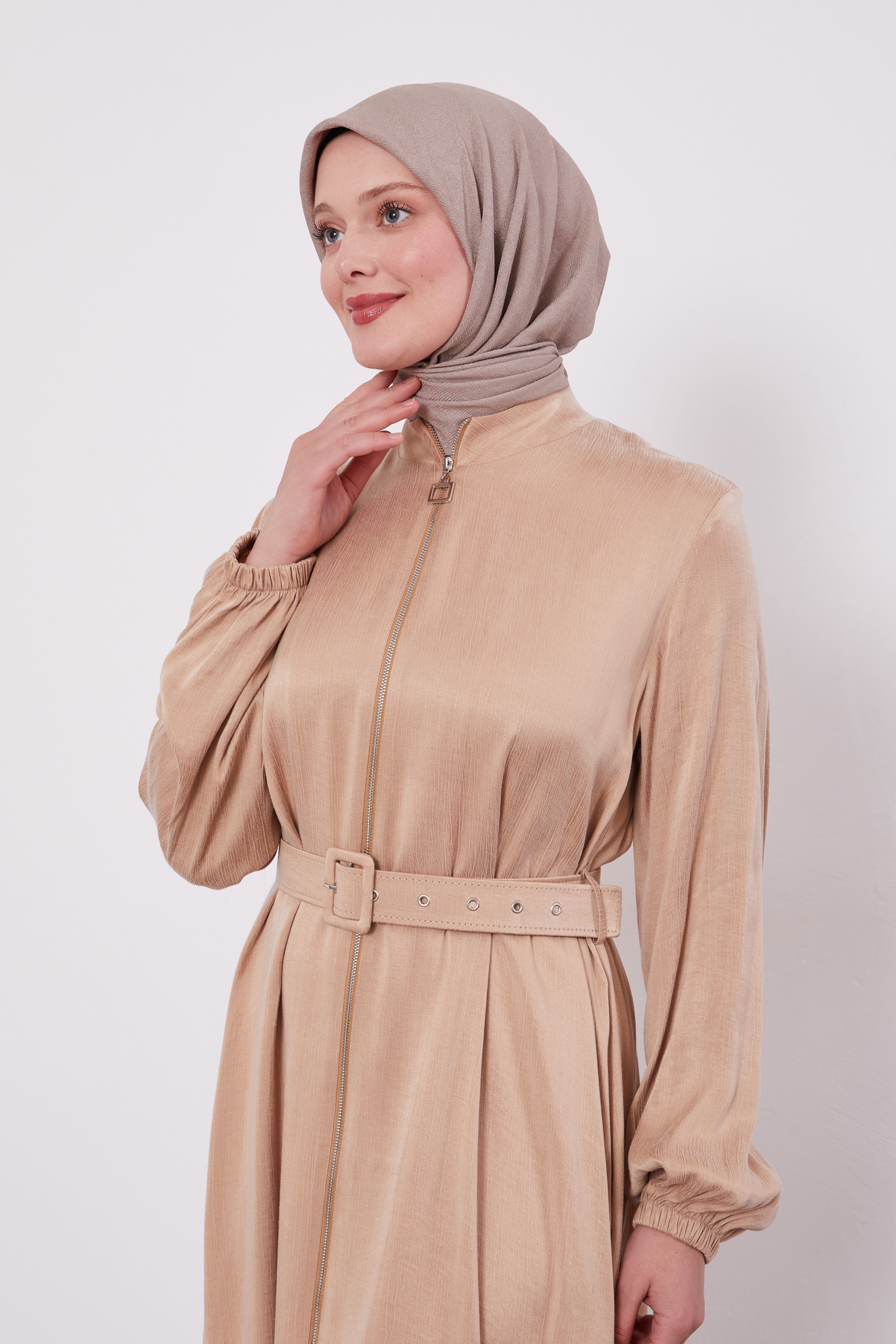 Suede Zipped Belted Abaya Caramel