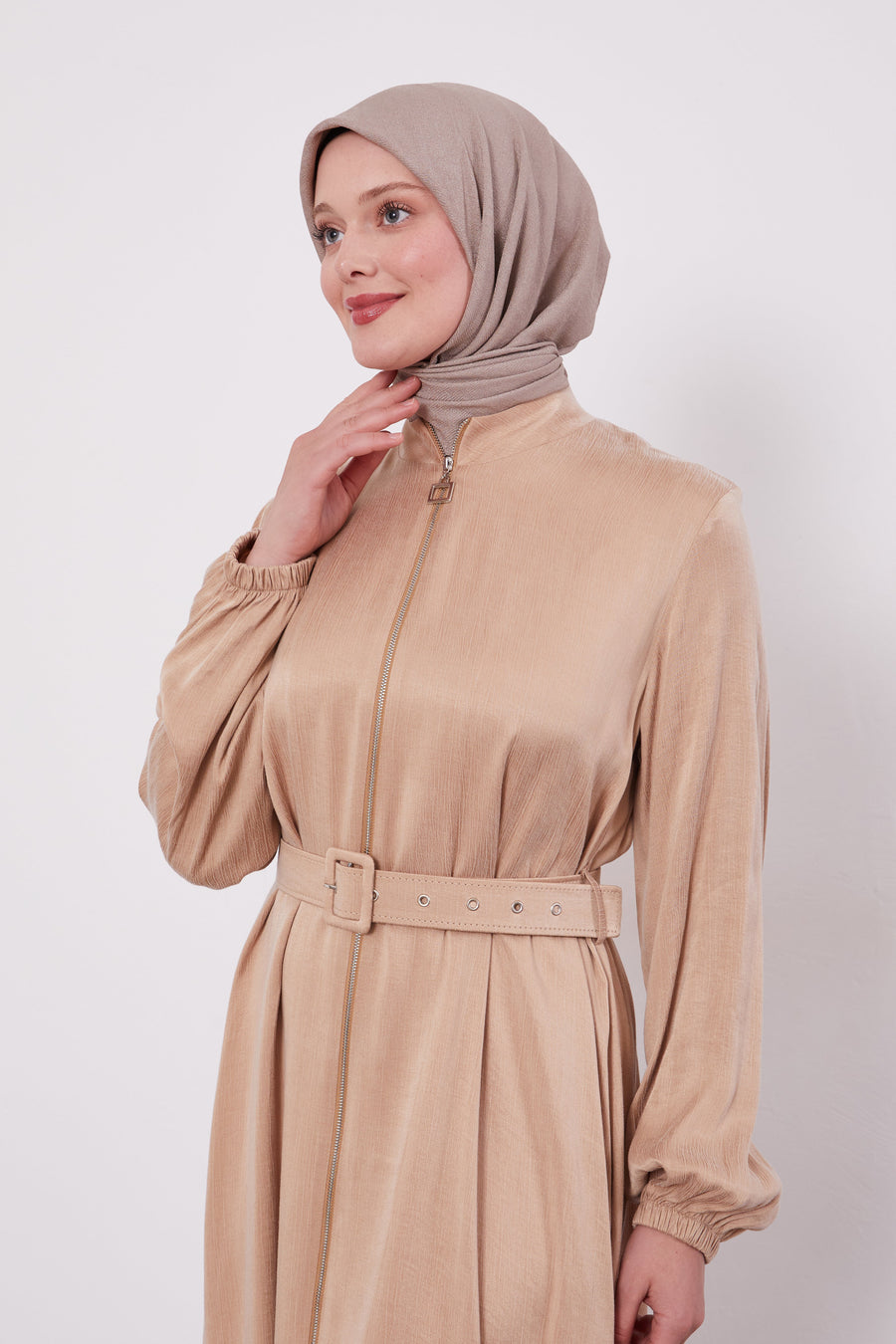 Suede Zipped Belted Abaya Beige 330309