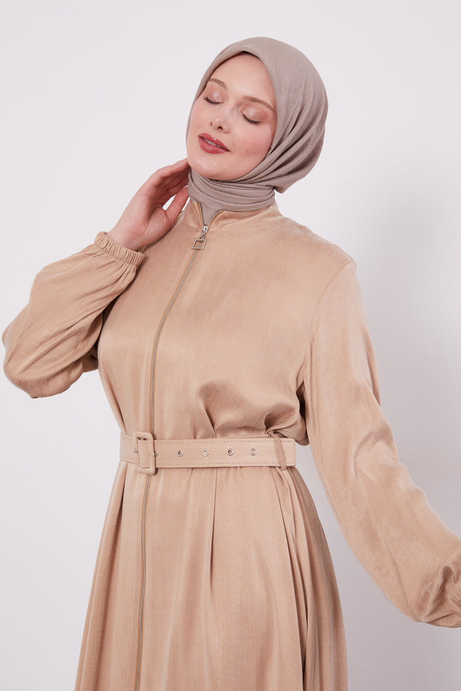 Suede Zipped Belted Abaya Beige 330309