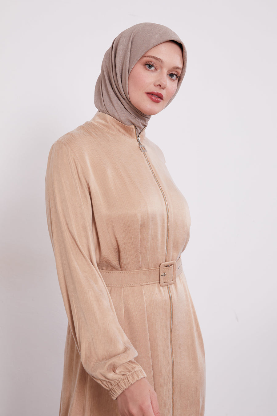 Suede Zipped Belted Abaya Beige 330309
