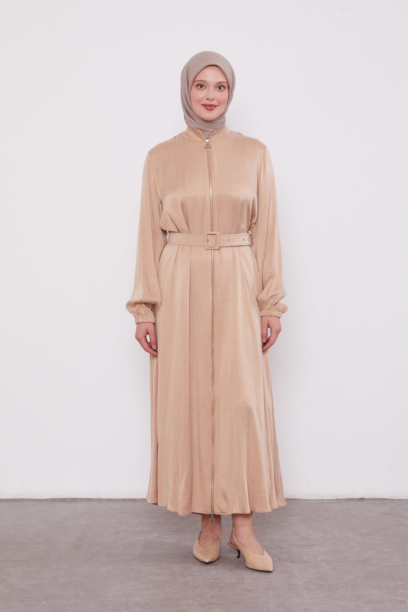 Suede Zipped Belted Abaya Beige 330309