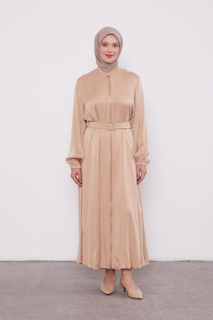 Suede Zipped Belted Abaya Beige 330309