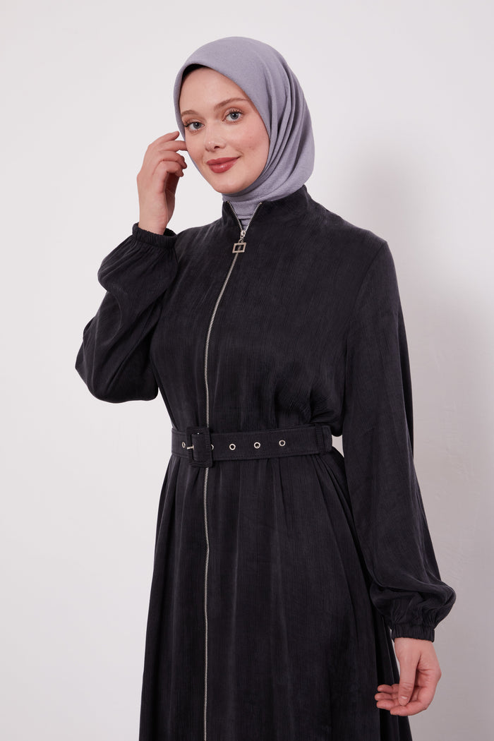 Suede Zipped Belted Abaya Black 330309