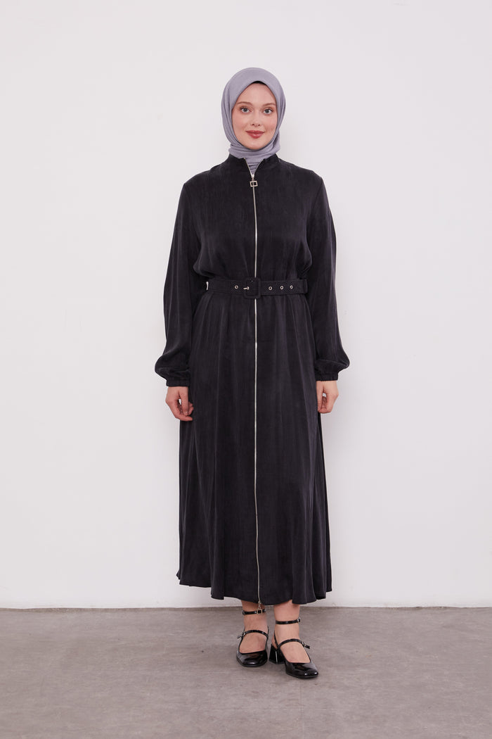 Suede Zipped Belted Abaya Black 330309