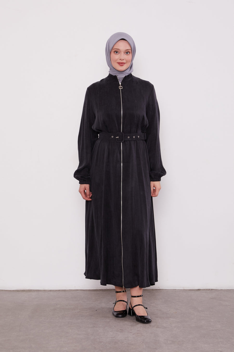 Suede Zipped Belted Abaya Black 330309