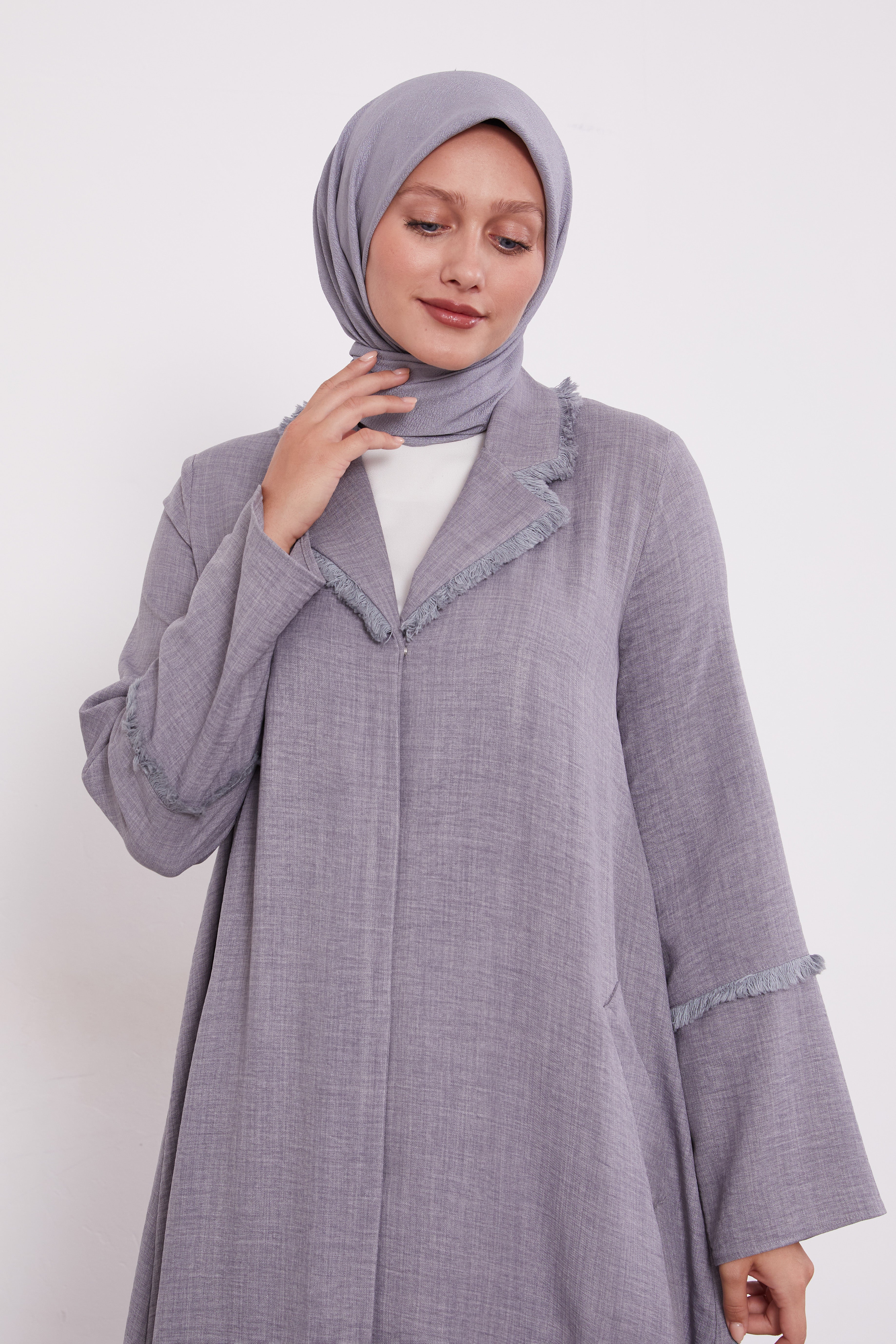 Feather Coat Style Buttoned Abaya Grey