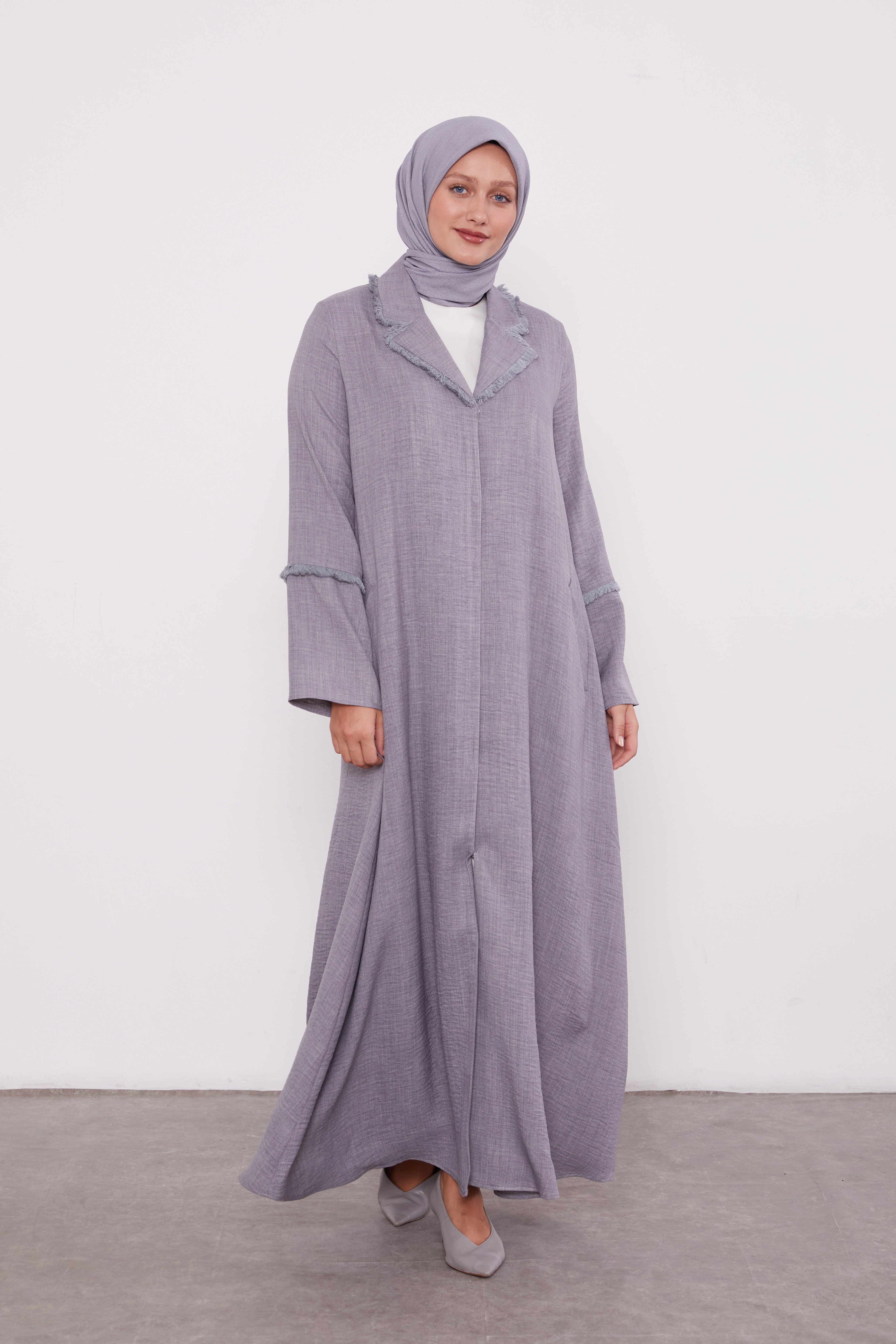 Feather Coat Style Buttoned Abaya Grey