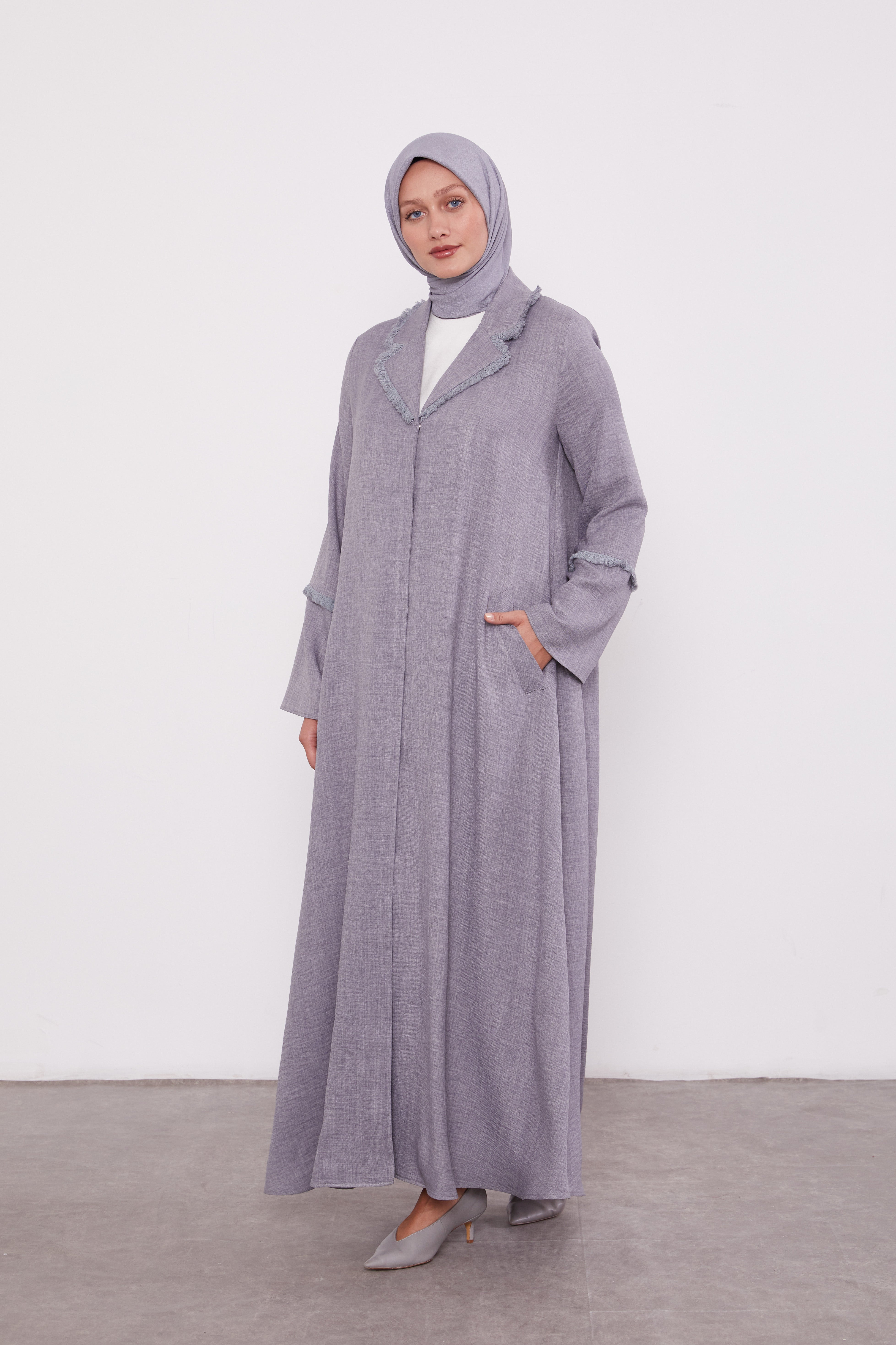 Feather Coat Style Buttoned Abaya Grey