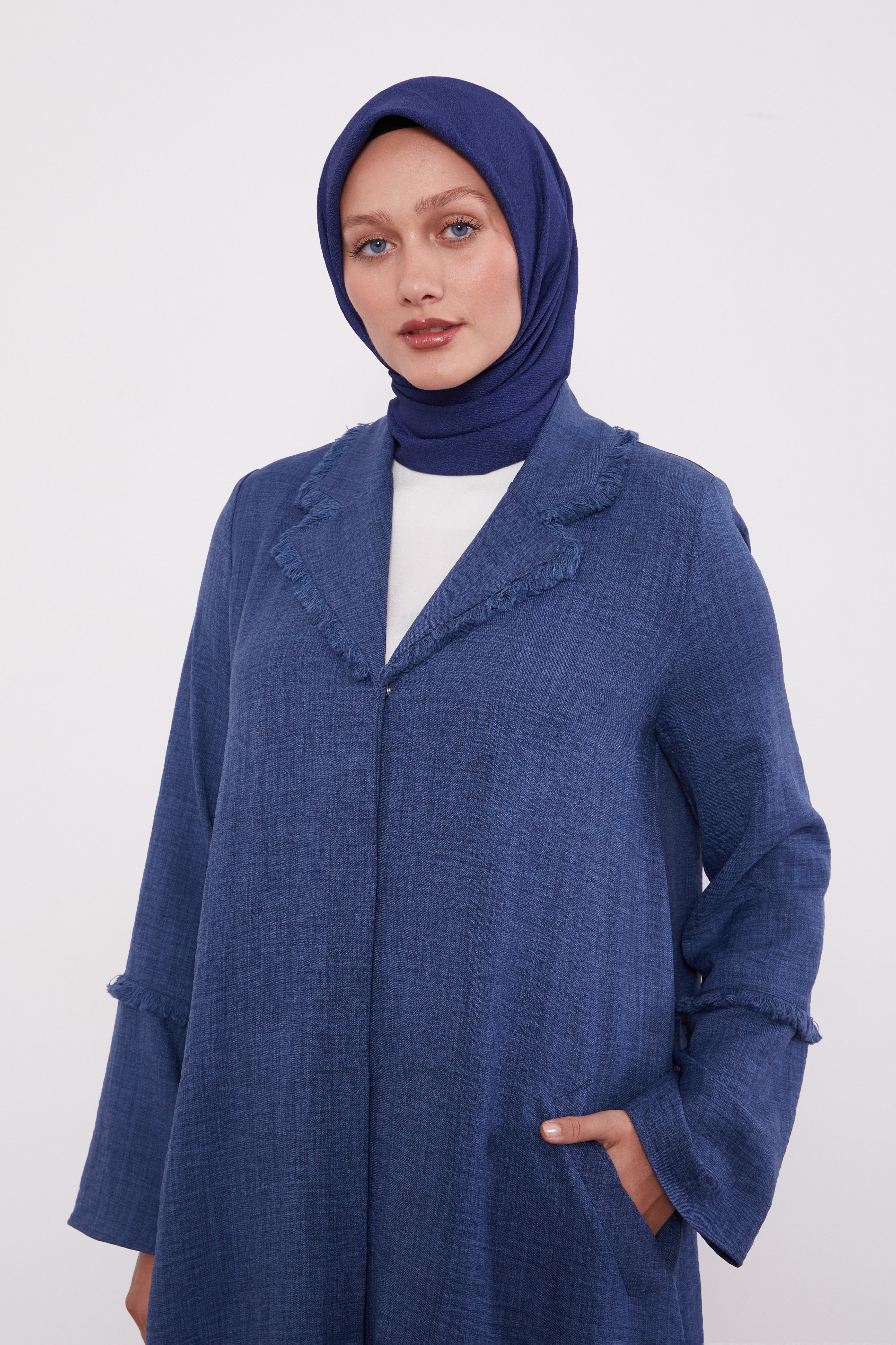 Feather Coat Style Buttoned Abaya Indigo