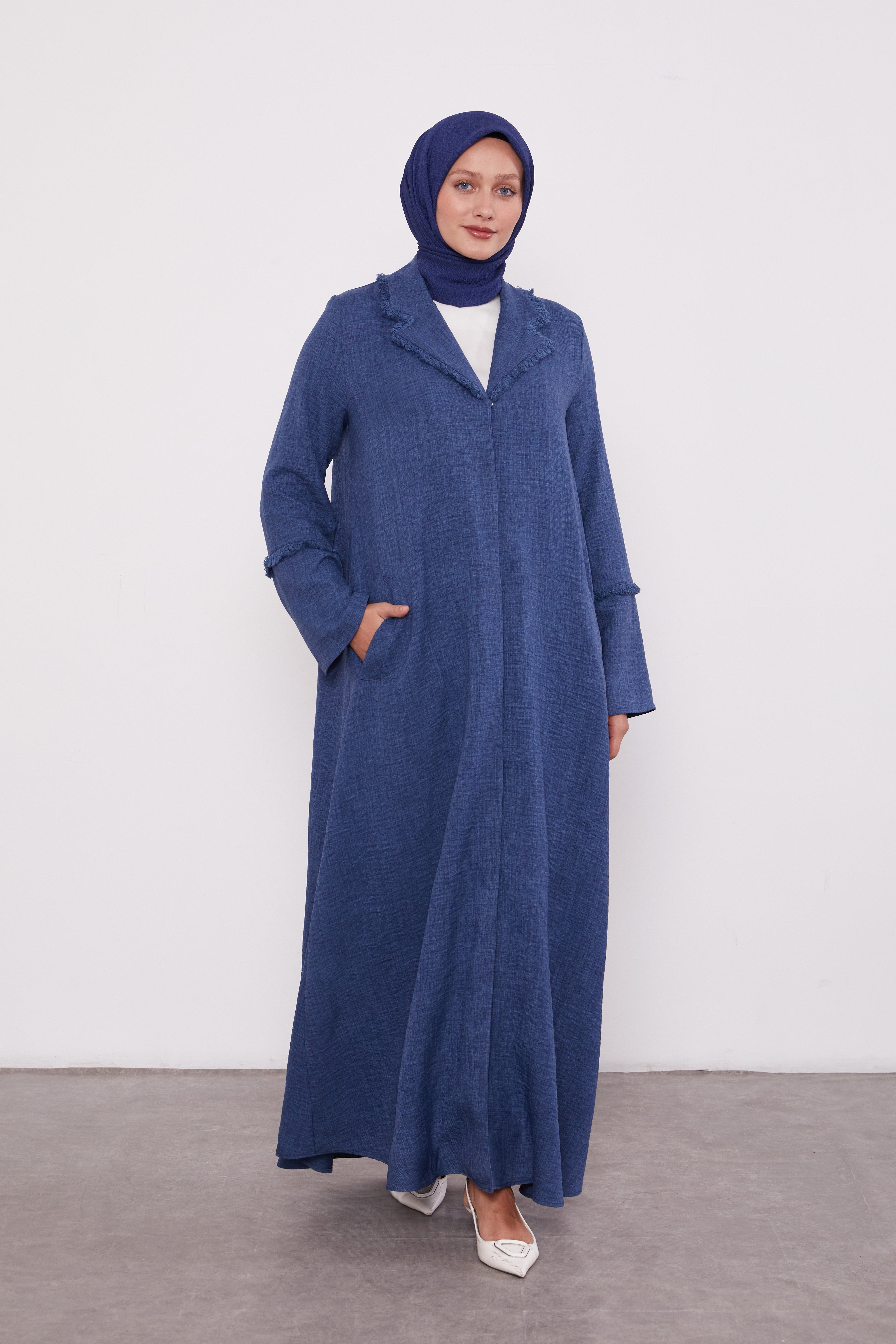 Feather Coat Style Buttoned Abaya Indigo