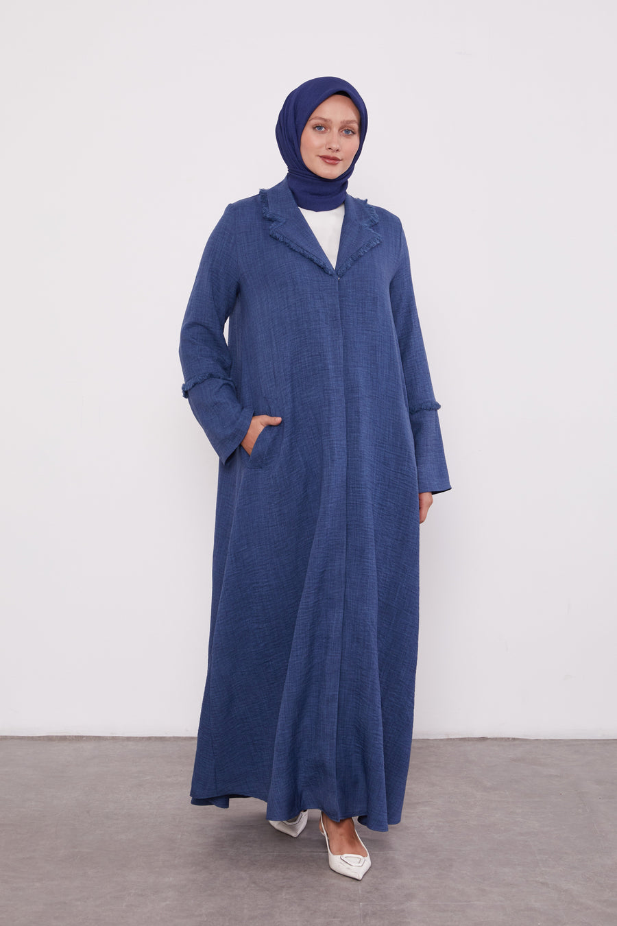 Feather Coat Style Buttoned Abaya Indigo 520681