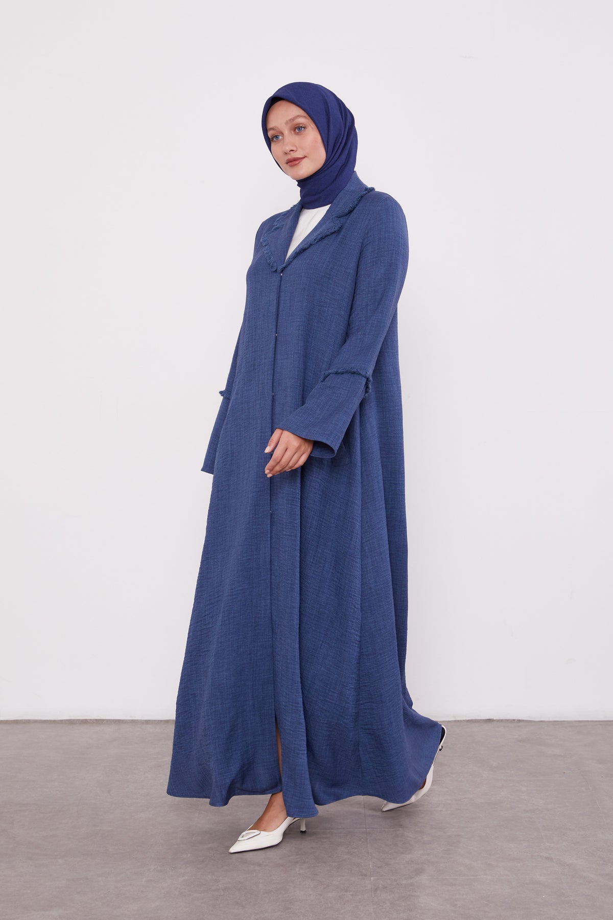 Feather Coat Style Buttoned Abaya Indigo