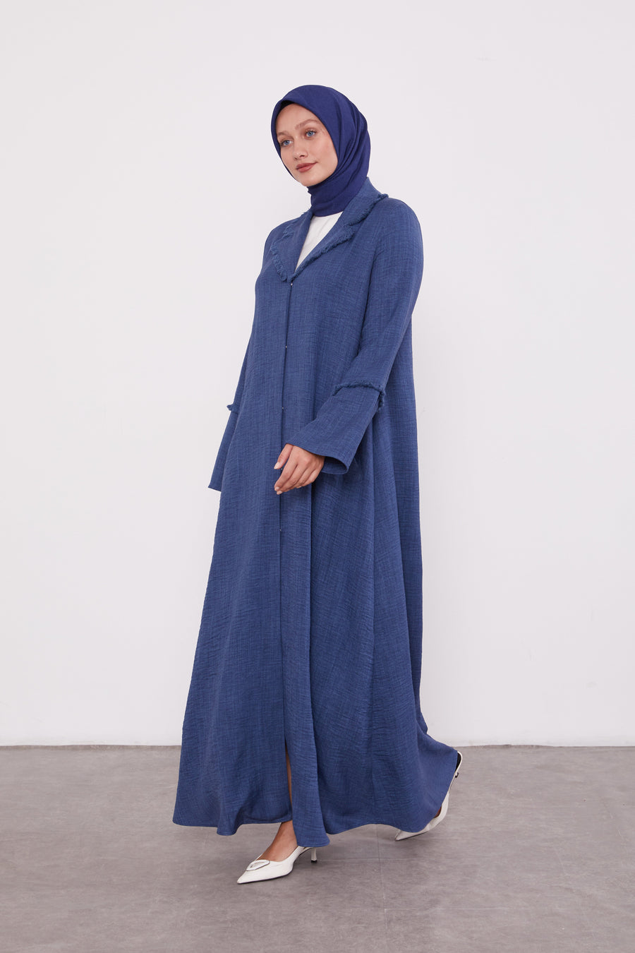 Feather Coat Style Buttoned Abaya Indigo 520681