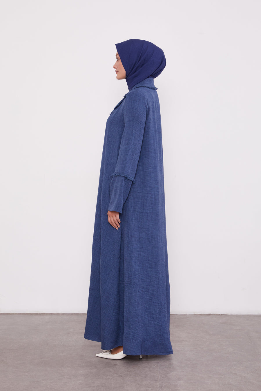 Feather Coat Style Buttoned Abaya Indigo 520681