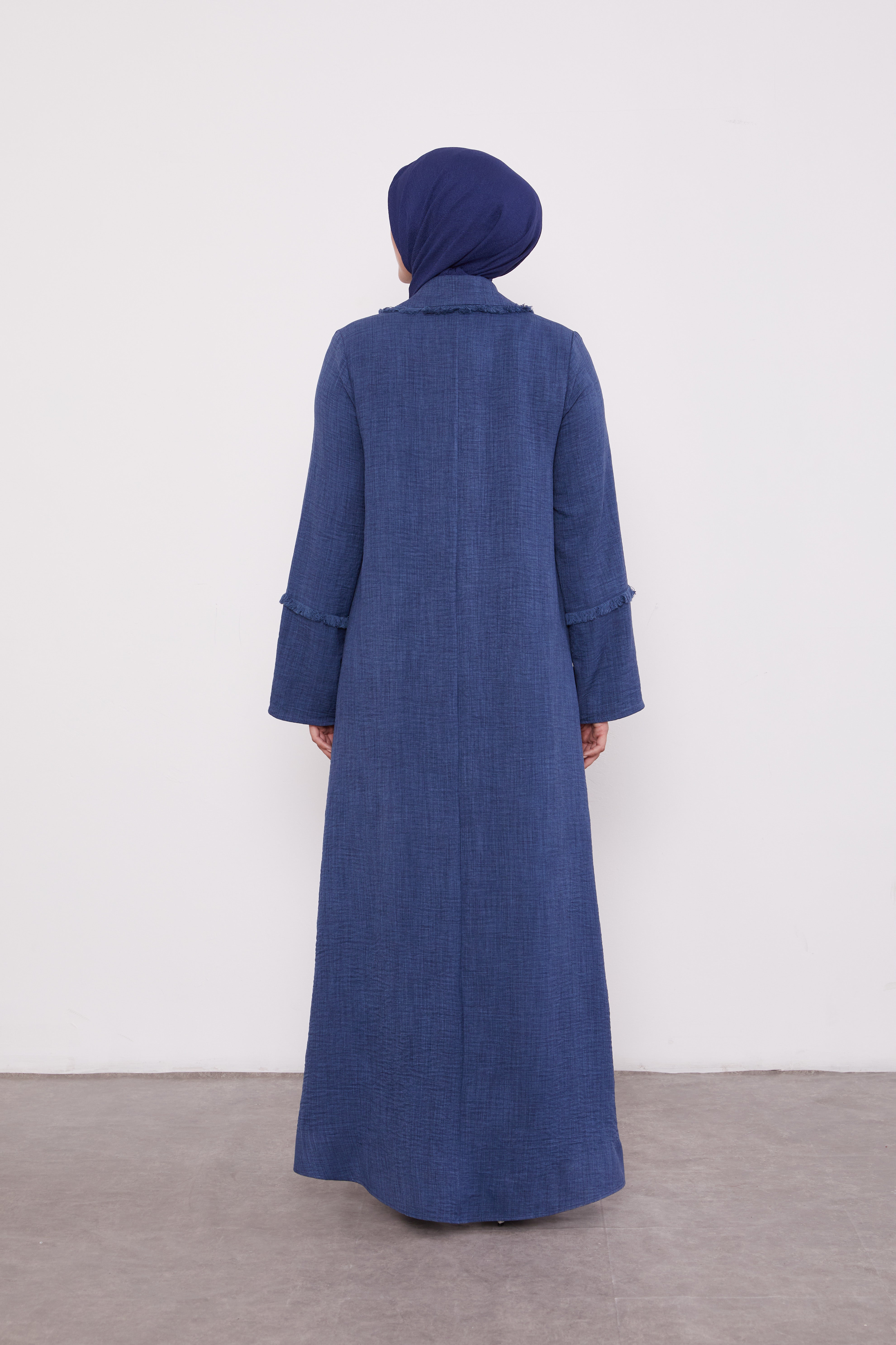 Feather Coat Style Buttoned Abaya Indigo