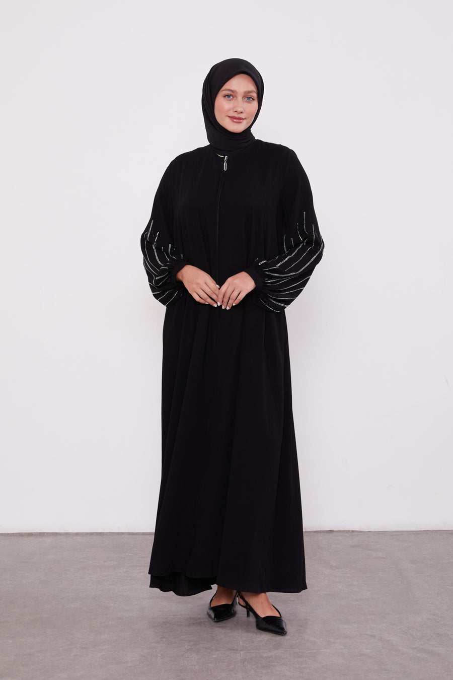 Classic Zipped Abaya with Cuffed Sequenced Sleeves Black 520628