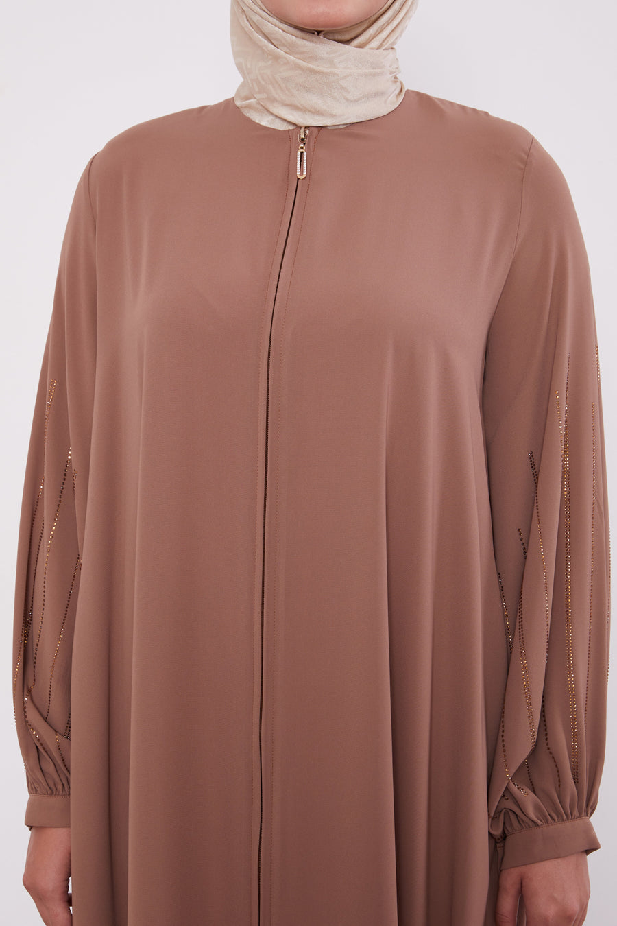 Classic Zipped Abaya with Cuffed Sequenced Sleeves Light brown 520628