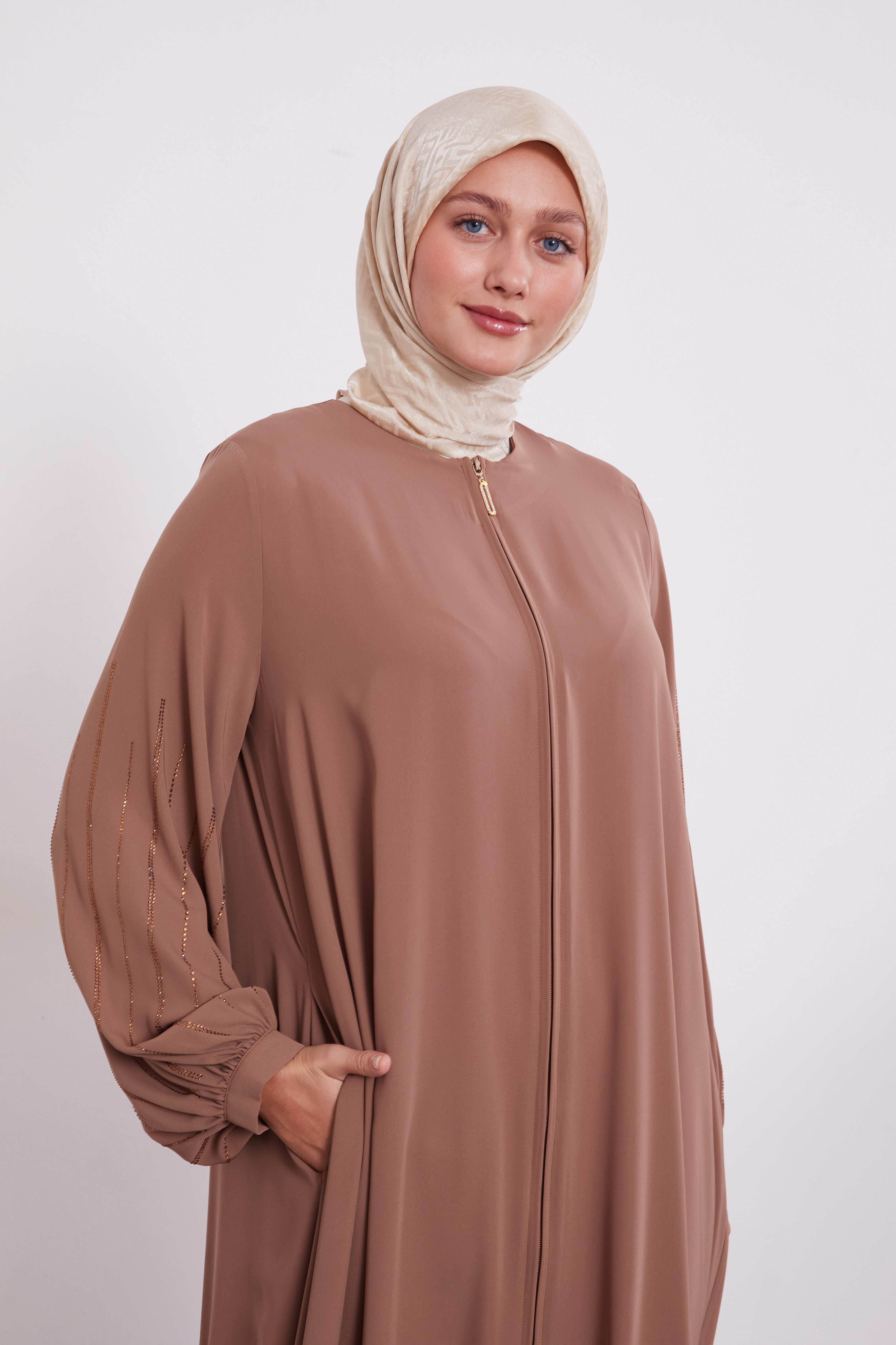 Classic Zipped Abaya with Cuffed Sequenced Sleeves Light brown 520628