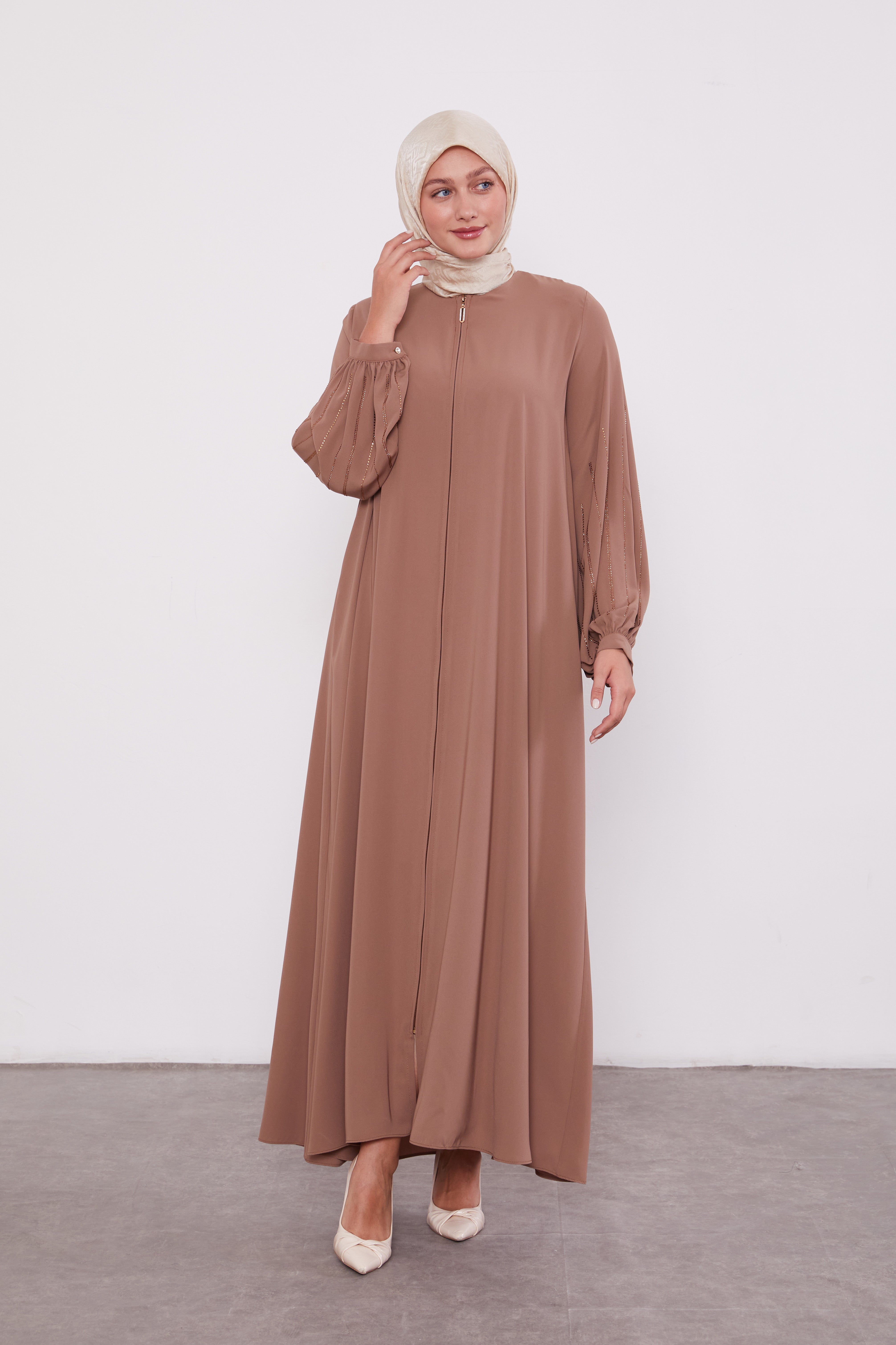 Classic Zipped Abaya with Cuffed Sequenced Sleeves Light brown 520628