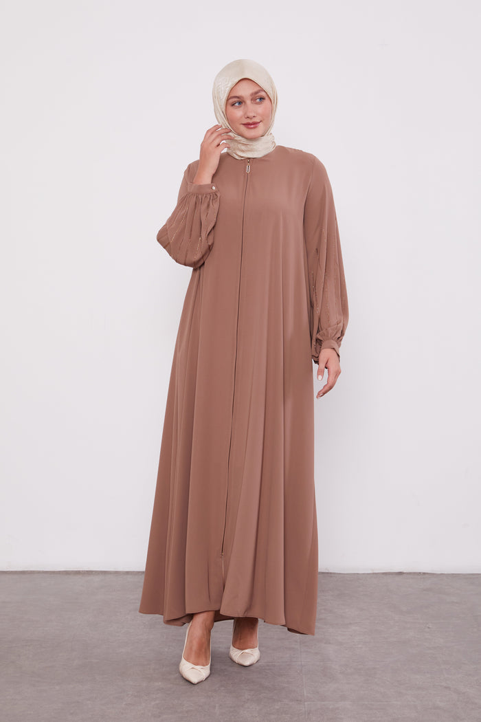 Classic Zipped Abaya with Cuffed Sequenced Sleeves Light brown 520628