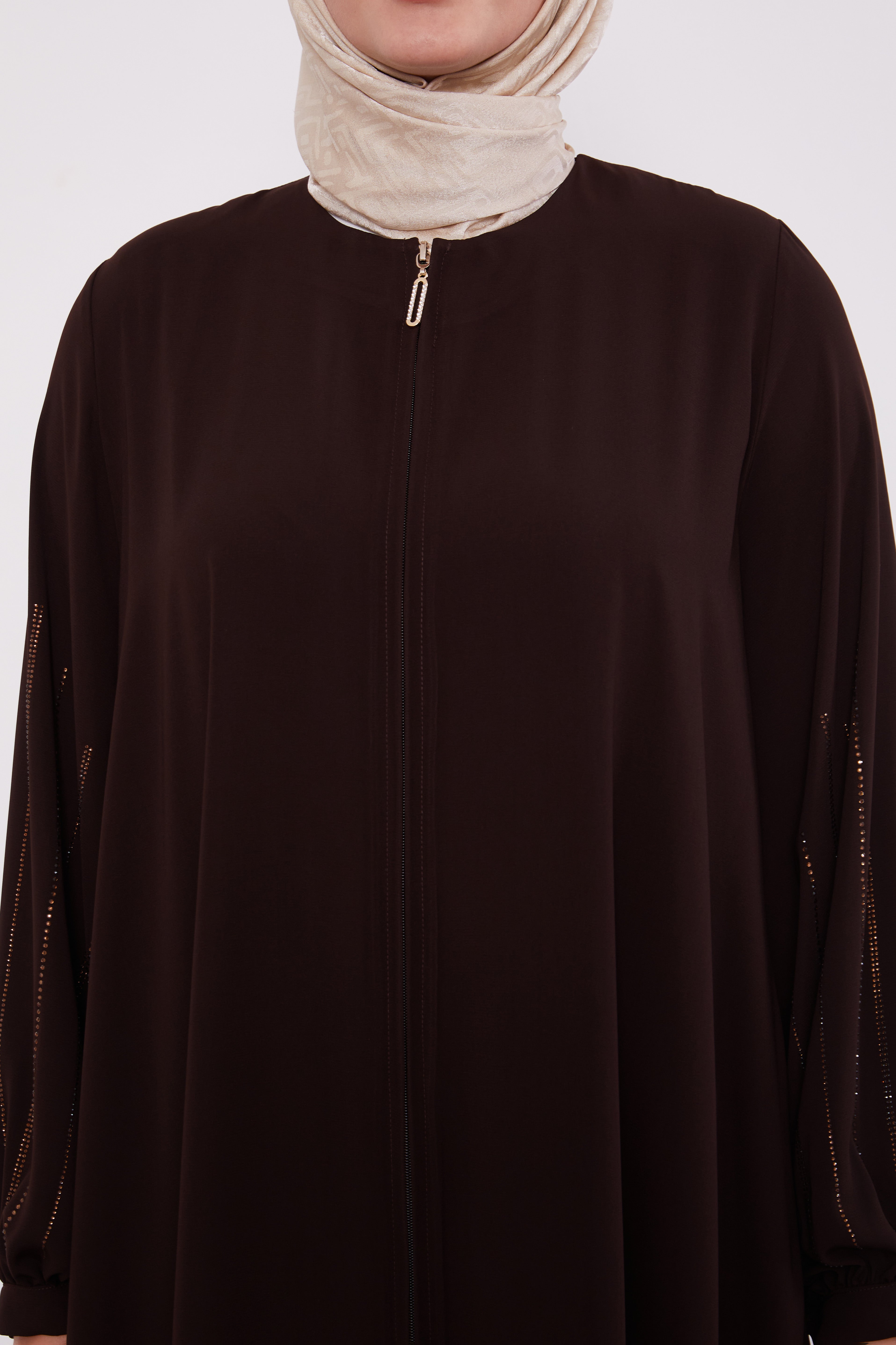 Classic Zipped Abaya with Cuffed Sequenced Sleeves Chocolate 520628