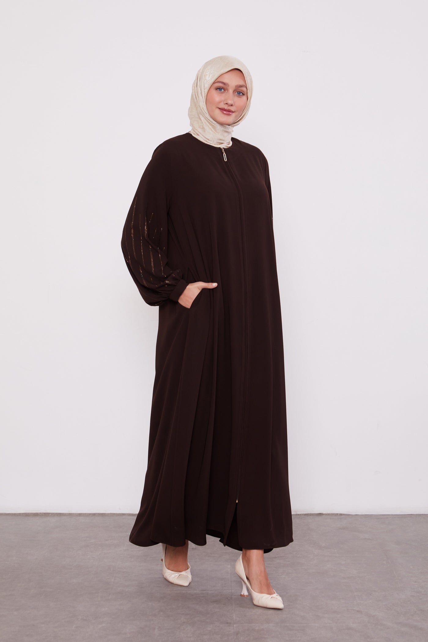 Classic Zipped Abaya with Cuffed Sequenced Sleeves Chocolate 520628