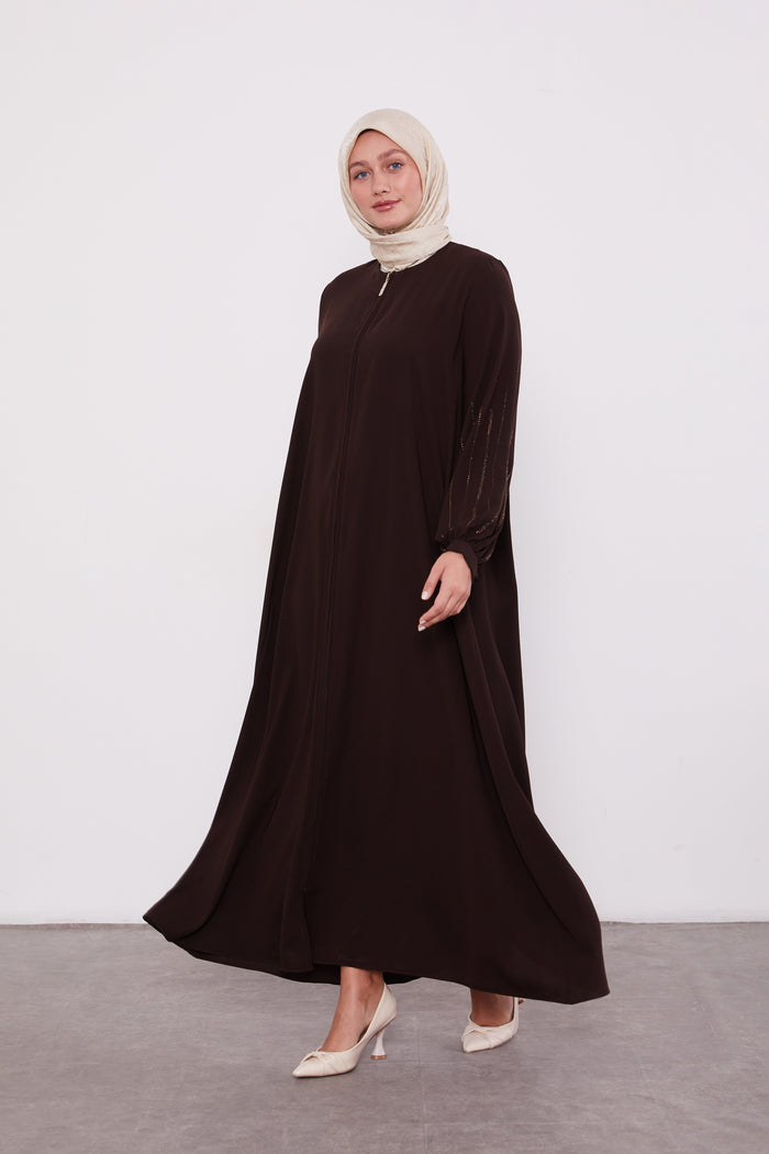 Classic Zipped Abaya with Cuffed Sequenced Sleeves Chocolate 520628