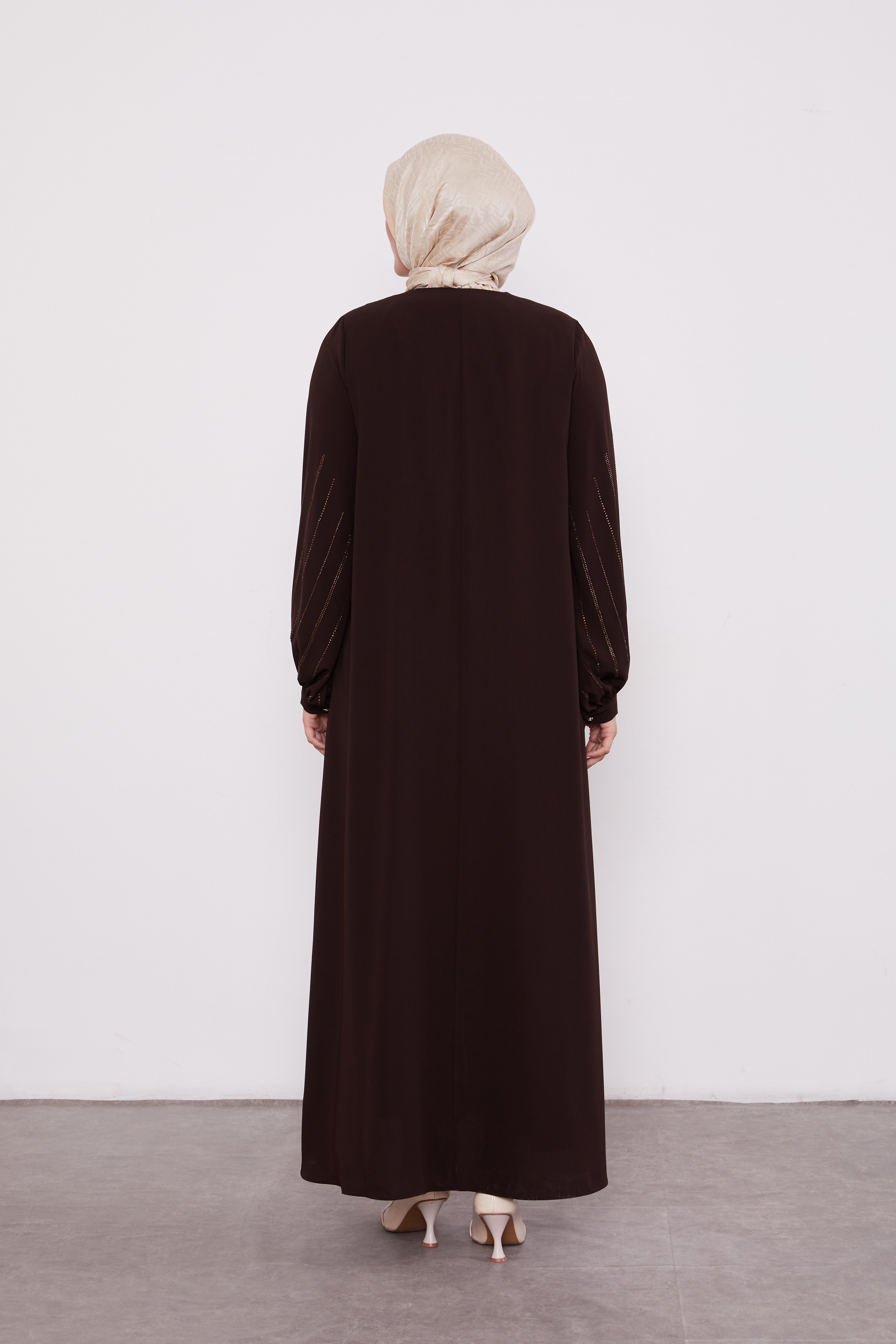 Classic Zipped Abaya with Cuffed Sequenced Sleeves Chocolate 520628