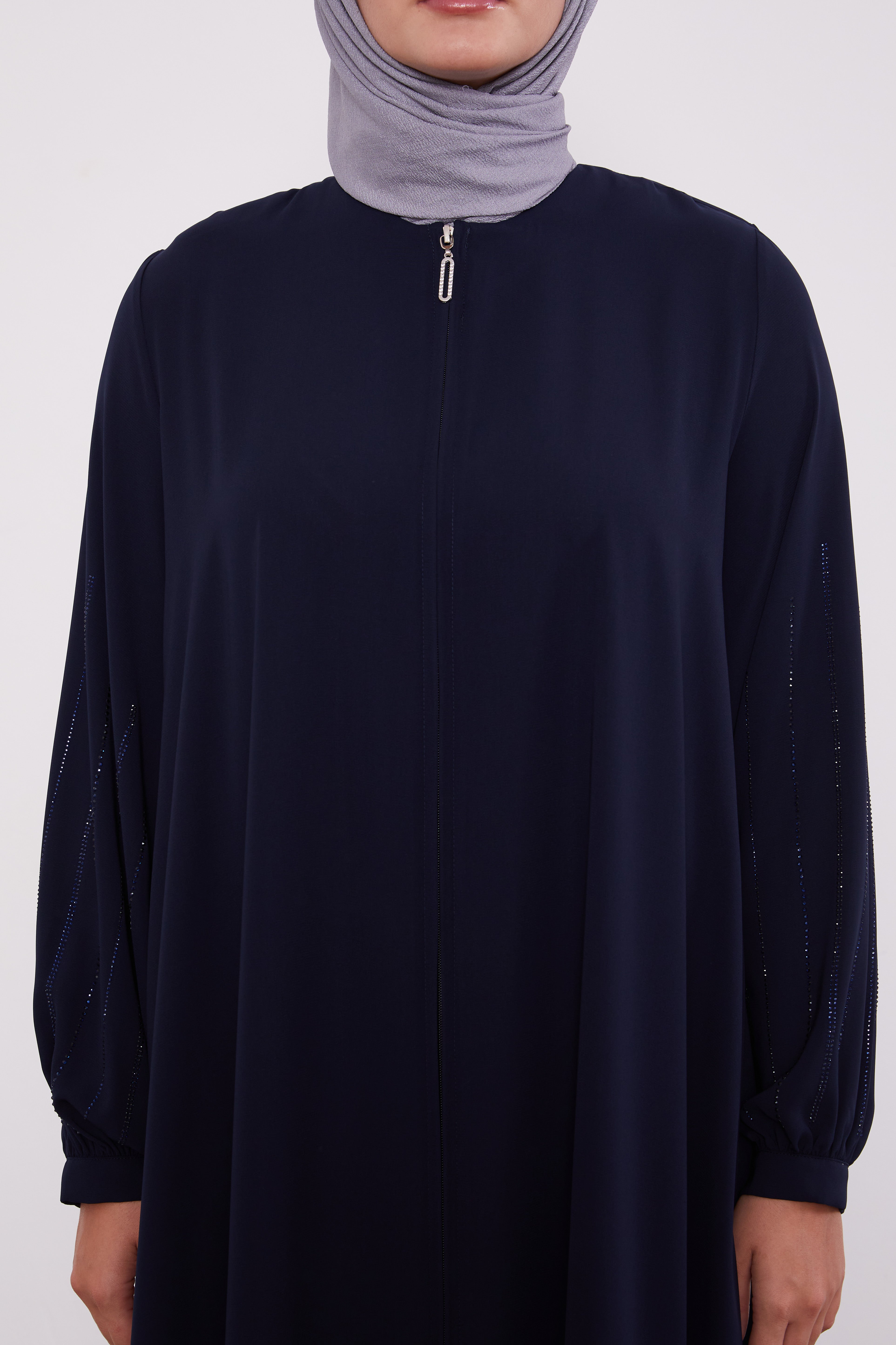 Classic Zipped Abaya with Cuffed Sequenced Sleeves Navy 520628