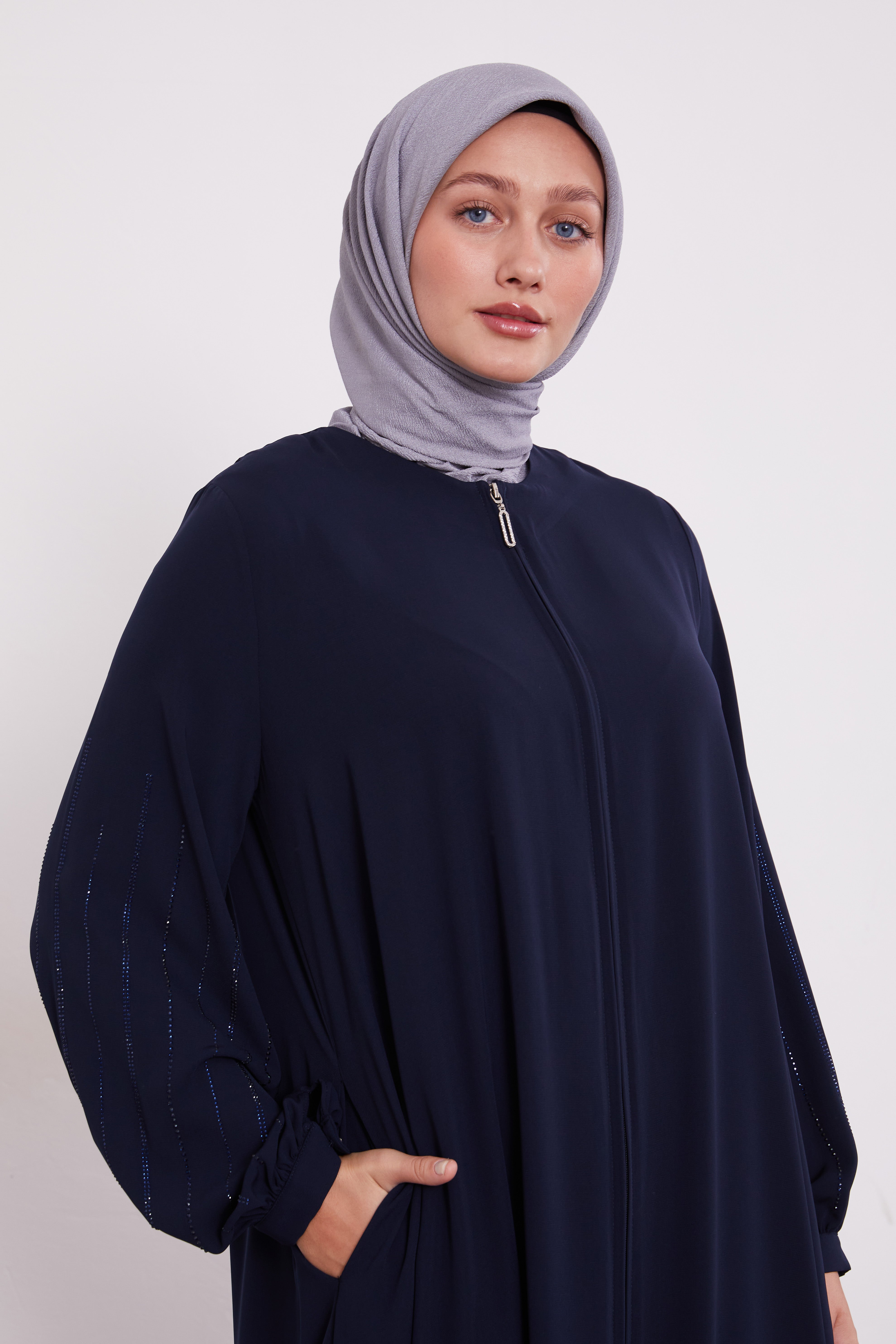 Classic Zipped Abaya with Cuffed Sequenced Sleeves Navy 520628