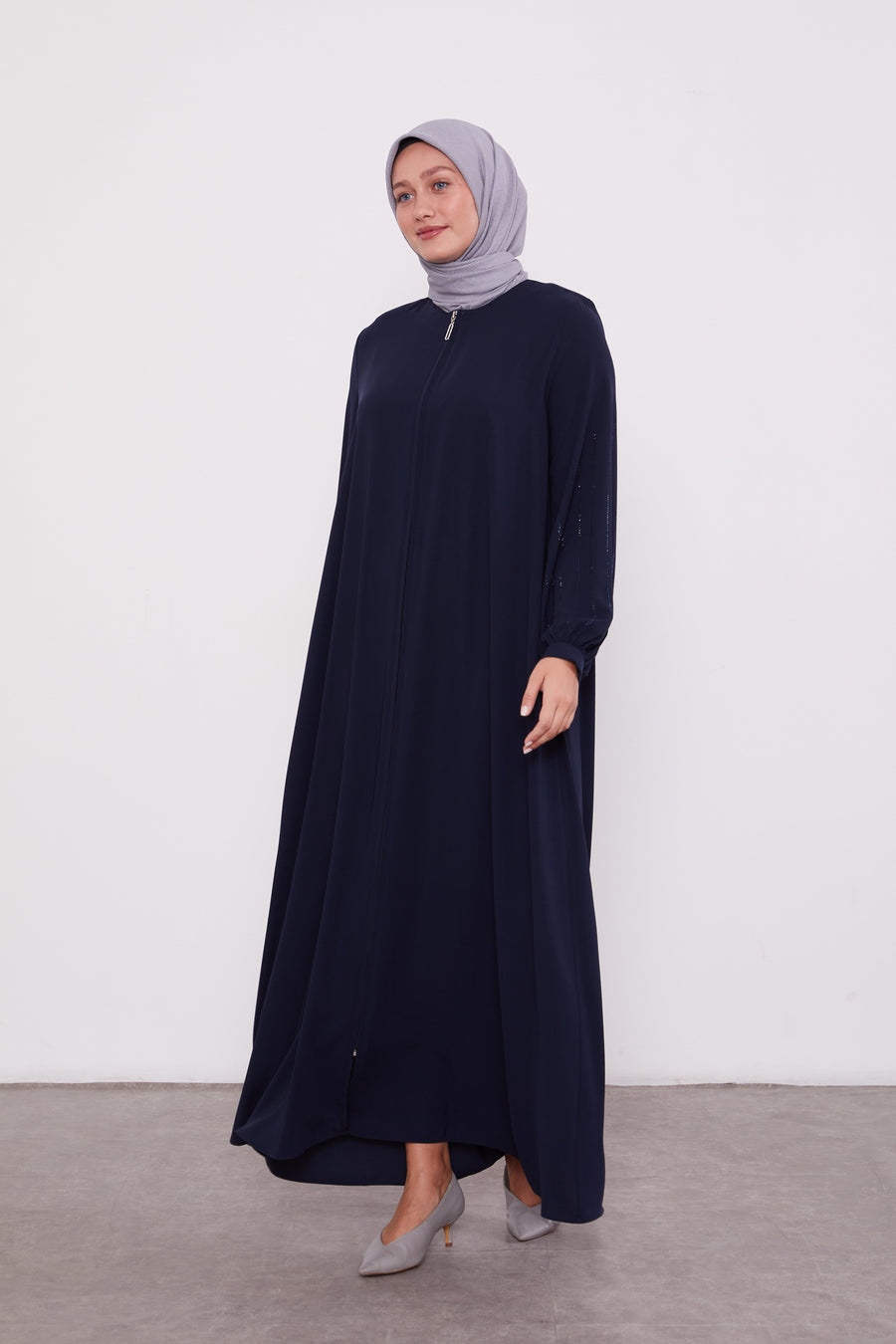 Classic Zipped Abaya with Cuffed Sequenced Sleeves Navy 520628