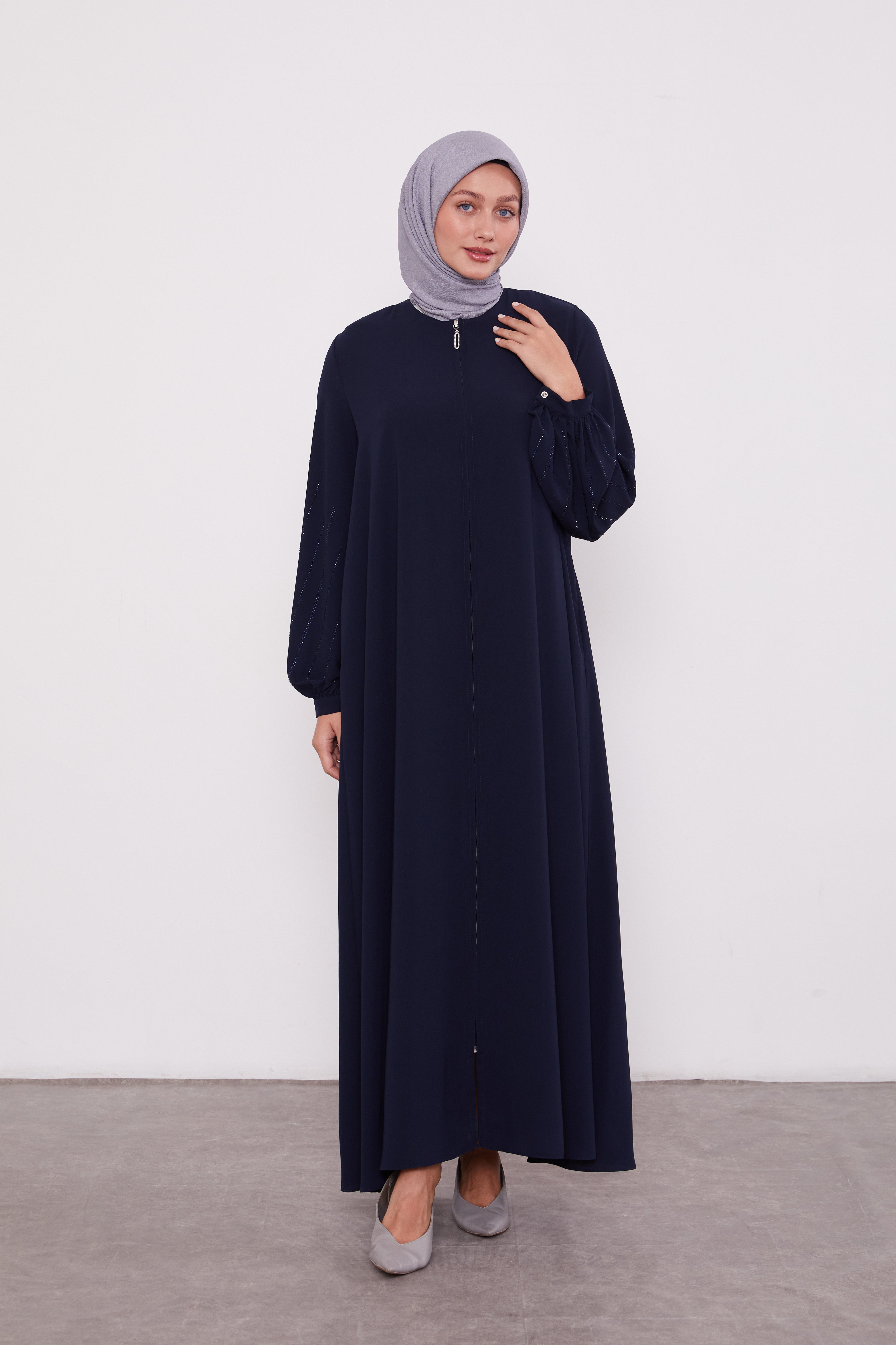 Classic Zipped Abaya with Cuffed Sequenced Sleeves Navy 520628