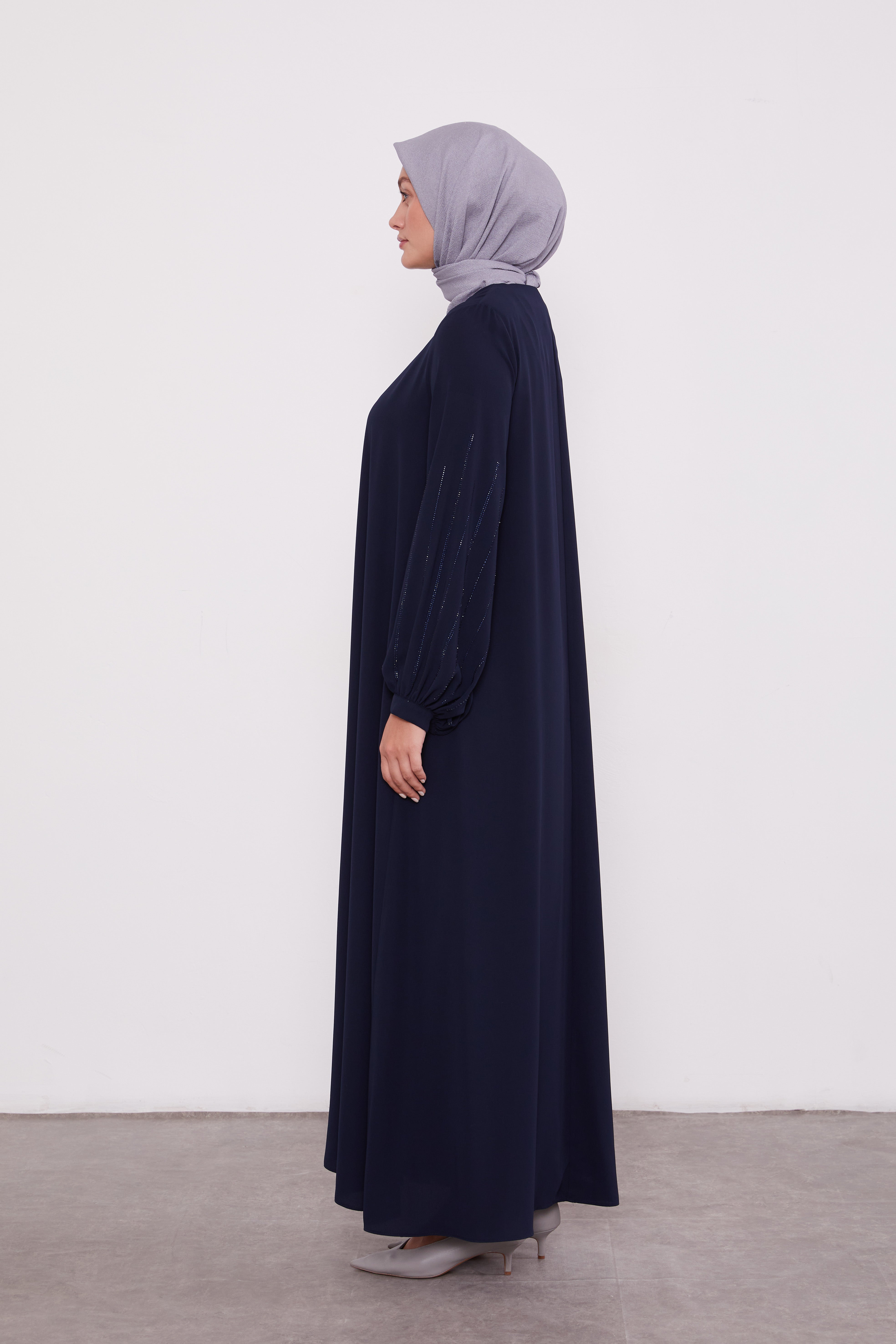 Classic Zipped Abaya with Cuffed Sequenced Sleeves Navy 520628