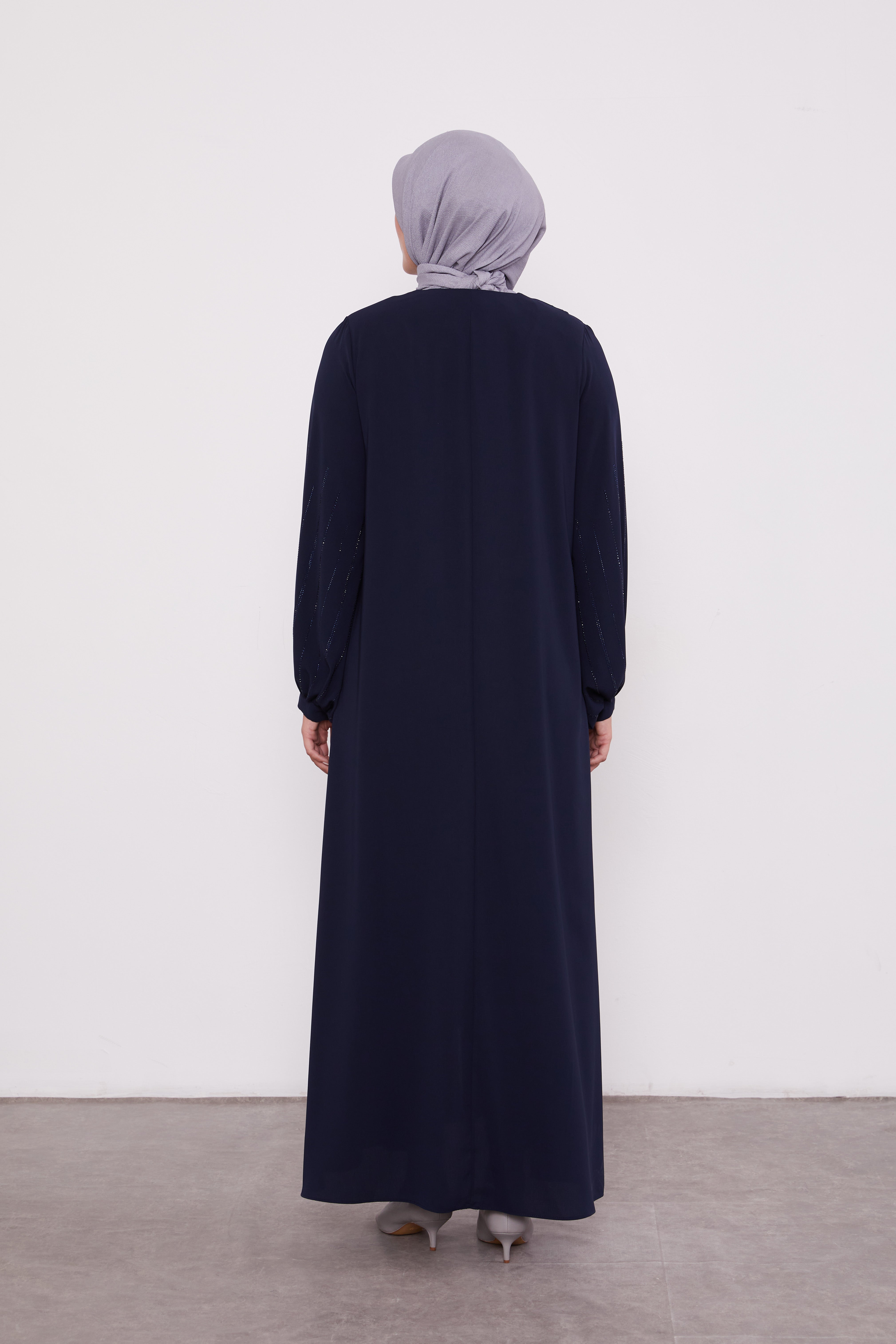Classic Zipped Abaya with Cuffed Sequenced Sleeves Navy 520628