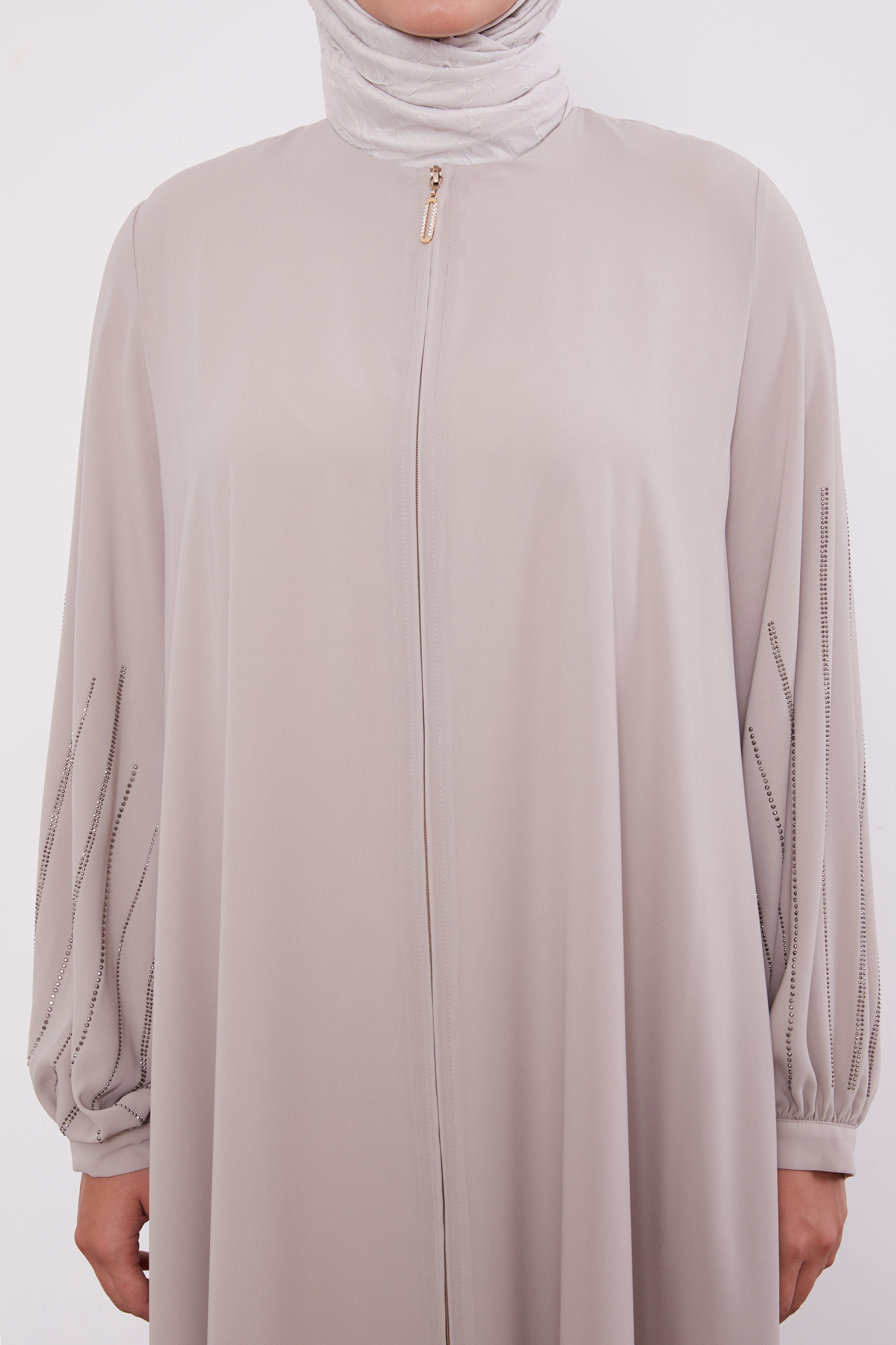 Classic Zipped Abaya with Cuffed Sequenced Sleeves Ivory 520628