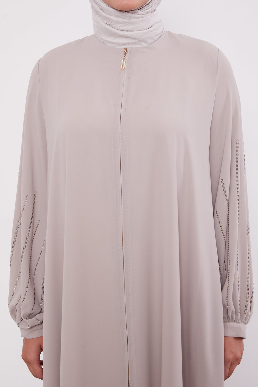 Classic Zipped Abaya with Cuffed Sequenced Sleeves Dark Beige 520628