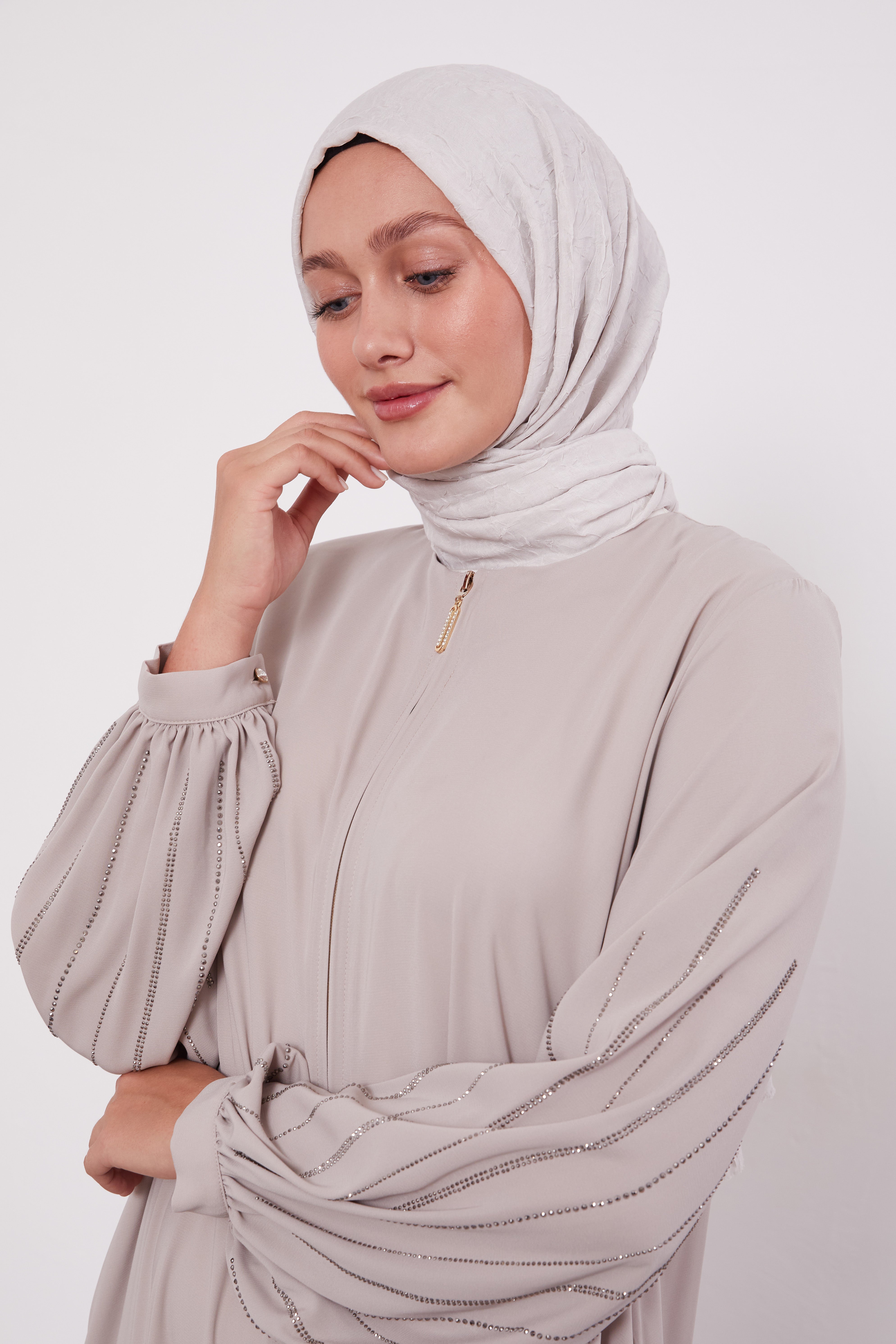 Classic Zipped Abaya with Cuffed Sequenced Sleeves Ivory 520628