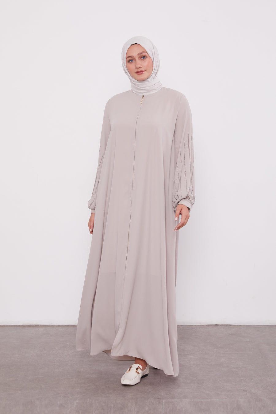 Classic Zipped Abaya with Cuffed Sequenced Sleeves Dark Beige 520628