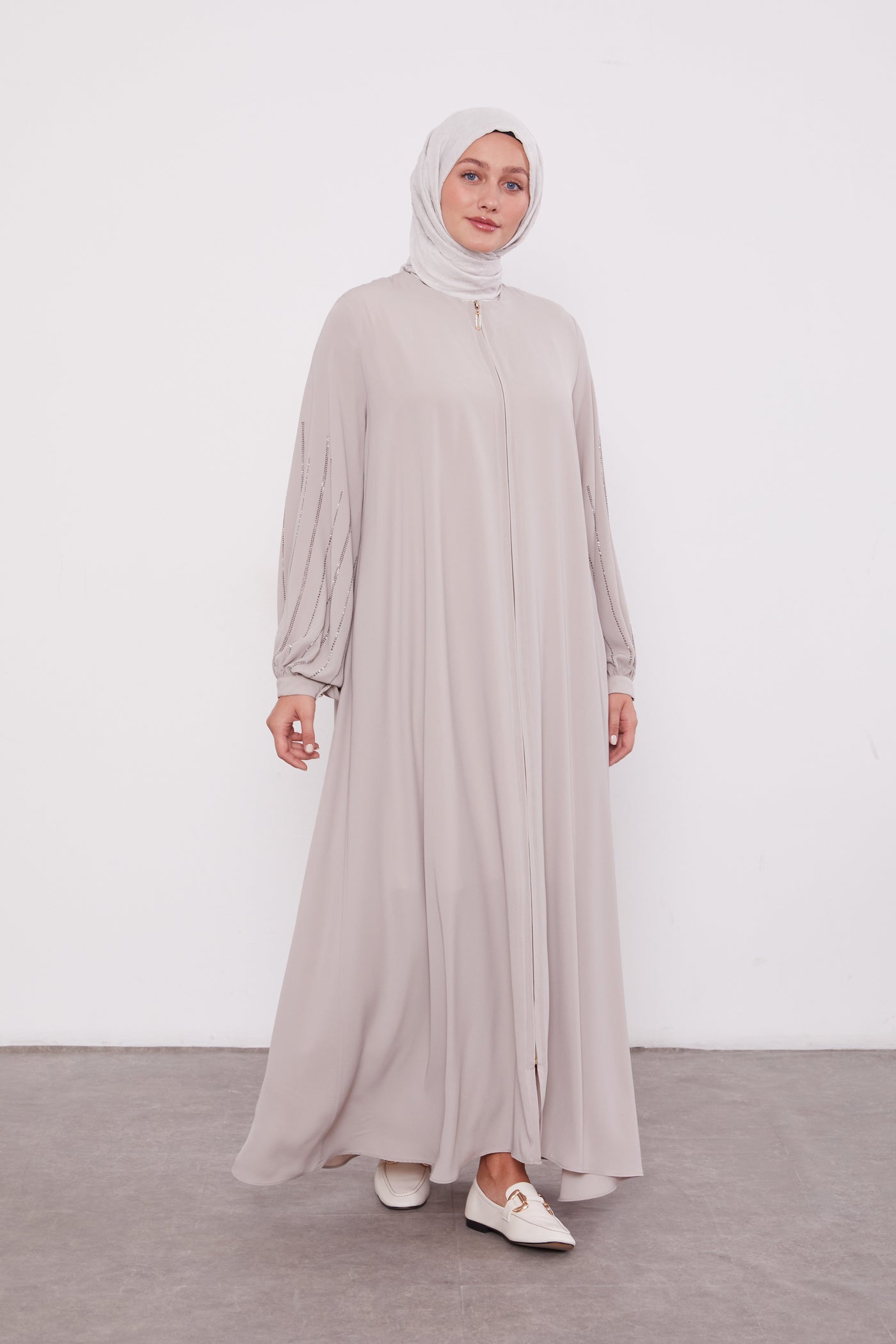 Classic Zipped Abaya with Cuffed Sequenced Sleeves Dark Beige 520628
