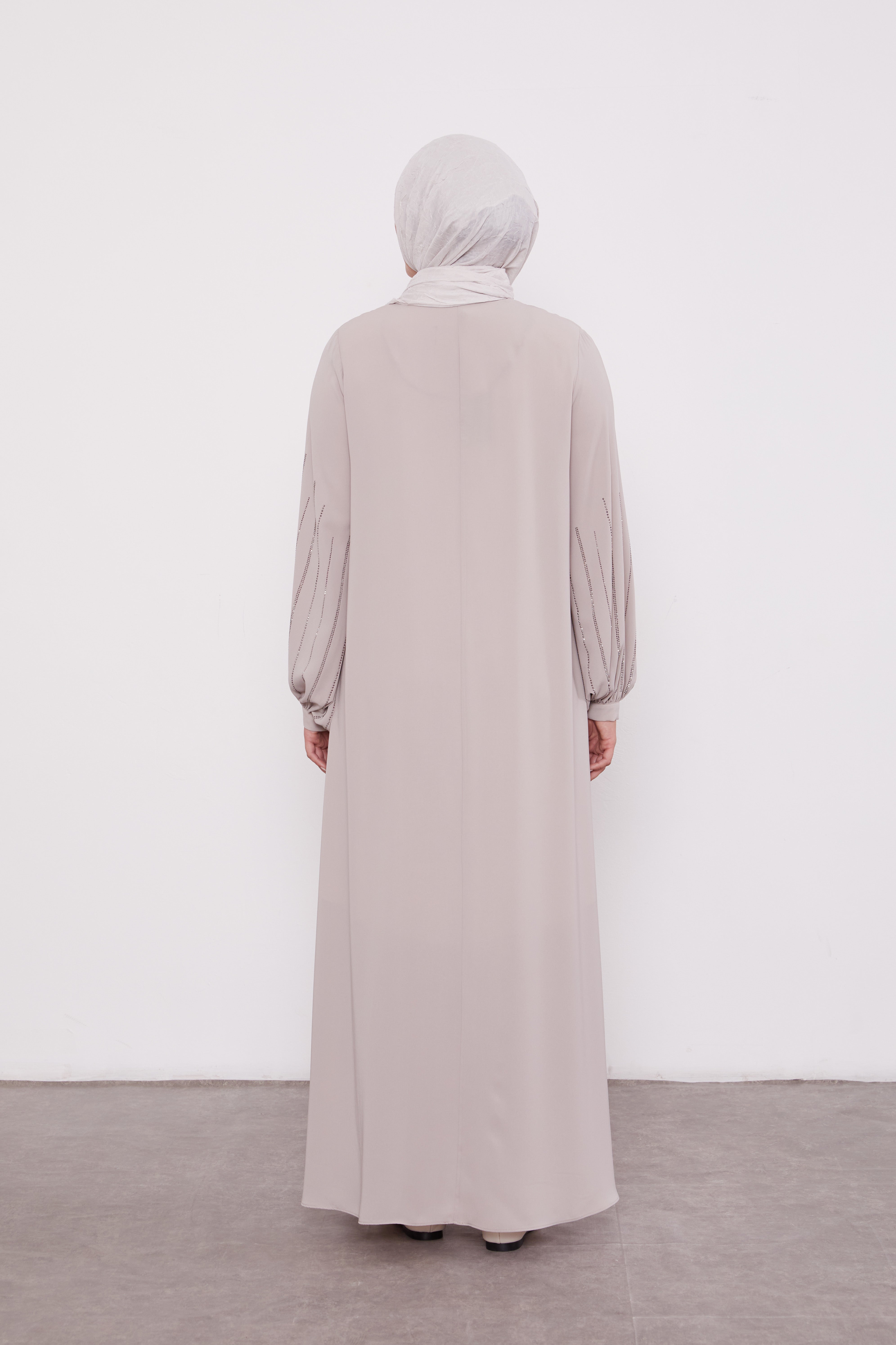 Classic Zipped Abaya with Cuffed Sequenced Sleeves Ivory 520628