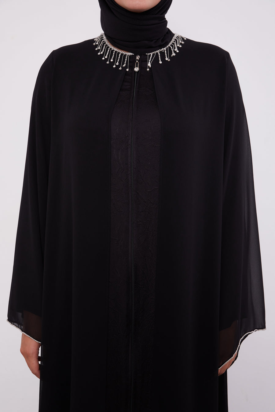 Detailed Neck Silk Chiffon Zipped Abaya Black 520023