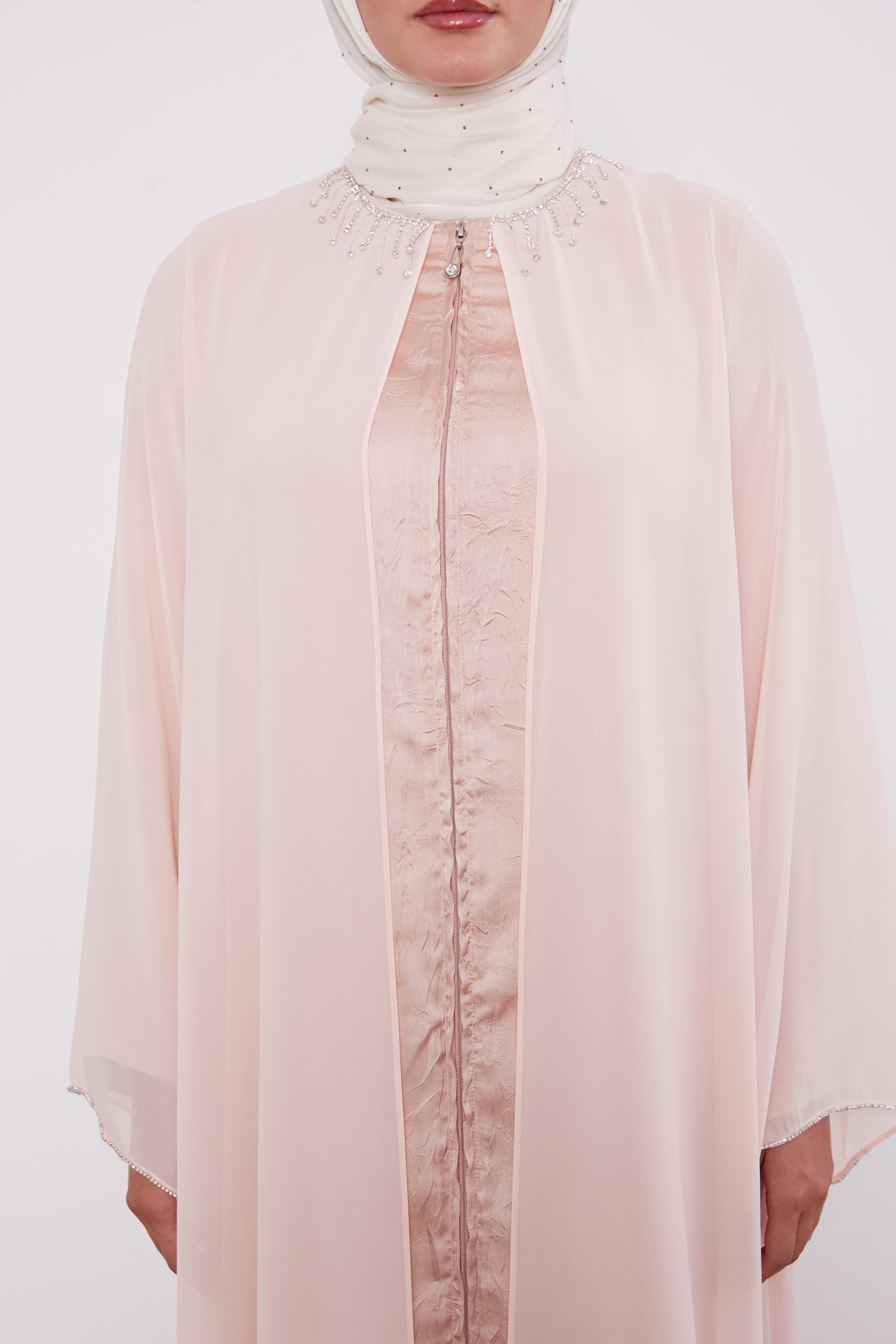 Detailed Neck Silk Chiffon Zipped Abaya Light Pink 520023