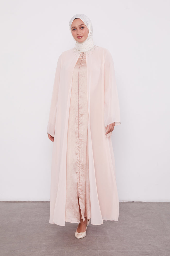 Detailed Neck Silk Chiffon Zipped Abaya Light Pink 520023