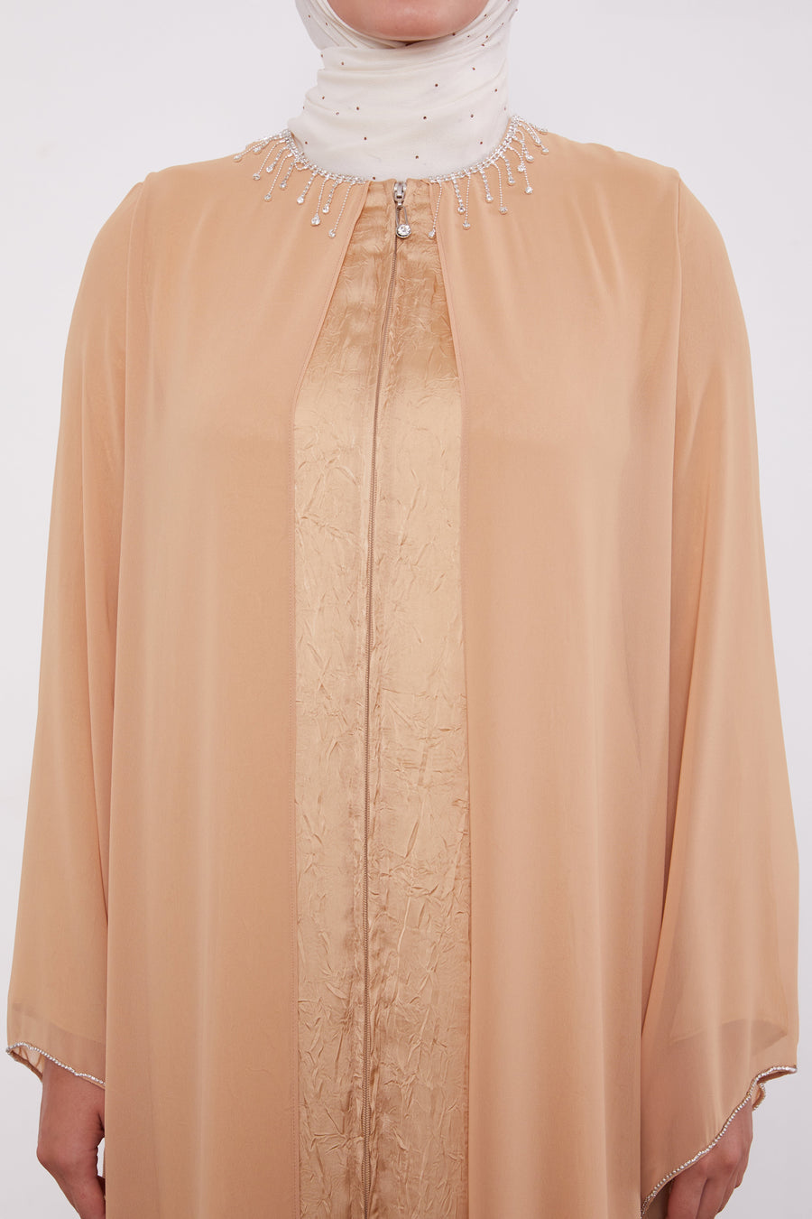 Detailed Neck Silk Chiffon Zipped Abaya Gold 520023