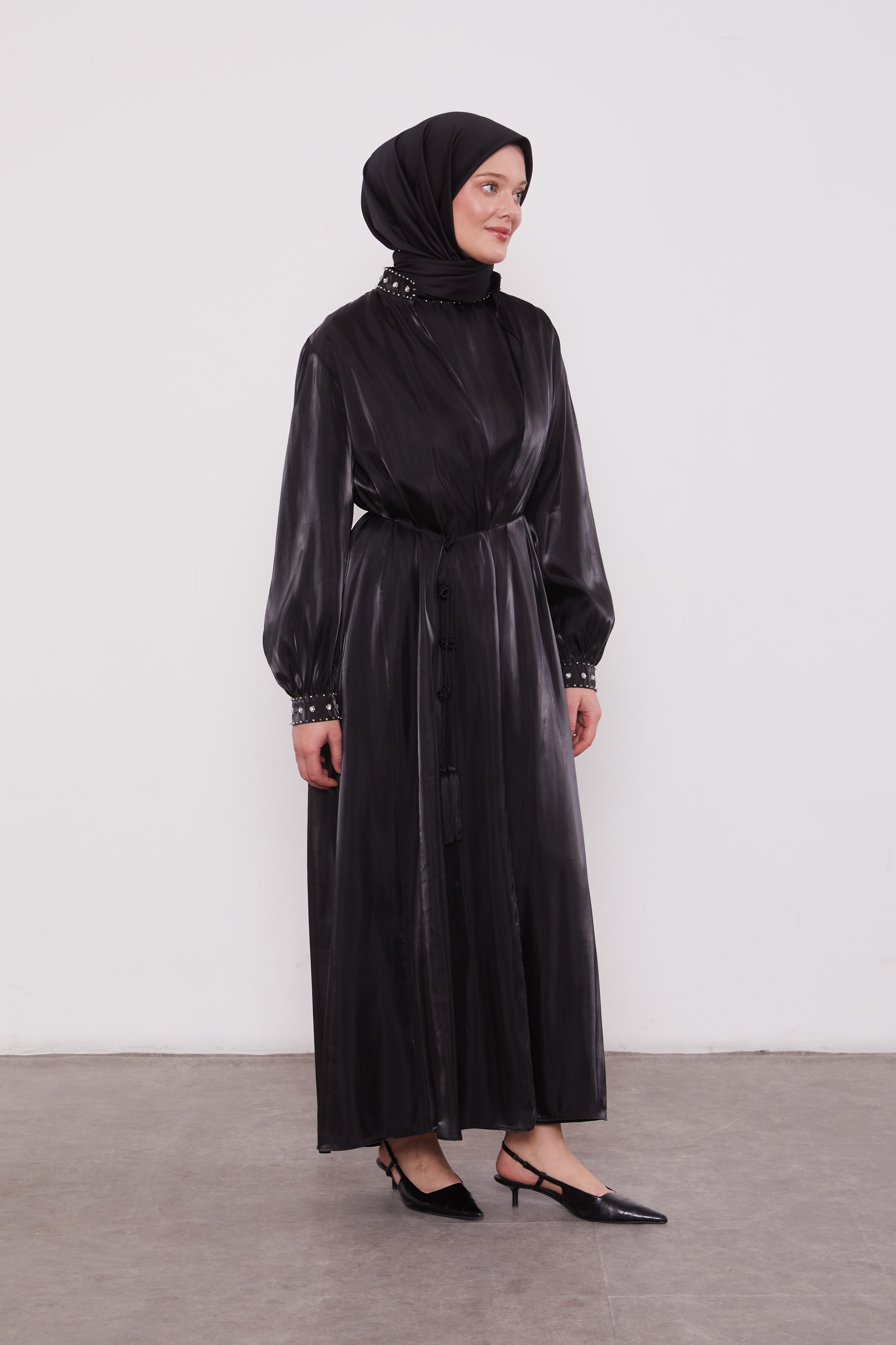 Organza 2 Piece Detailed Kimono Set Black