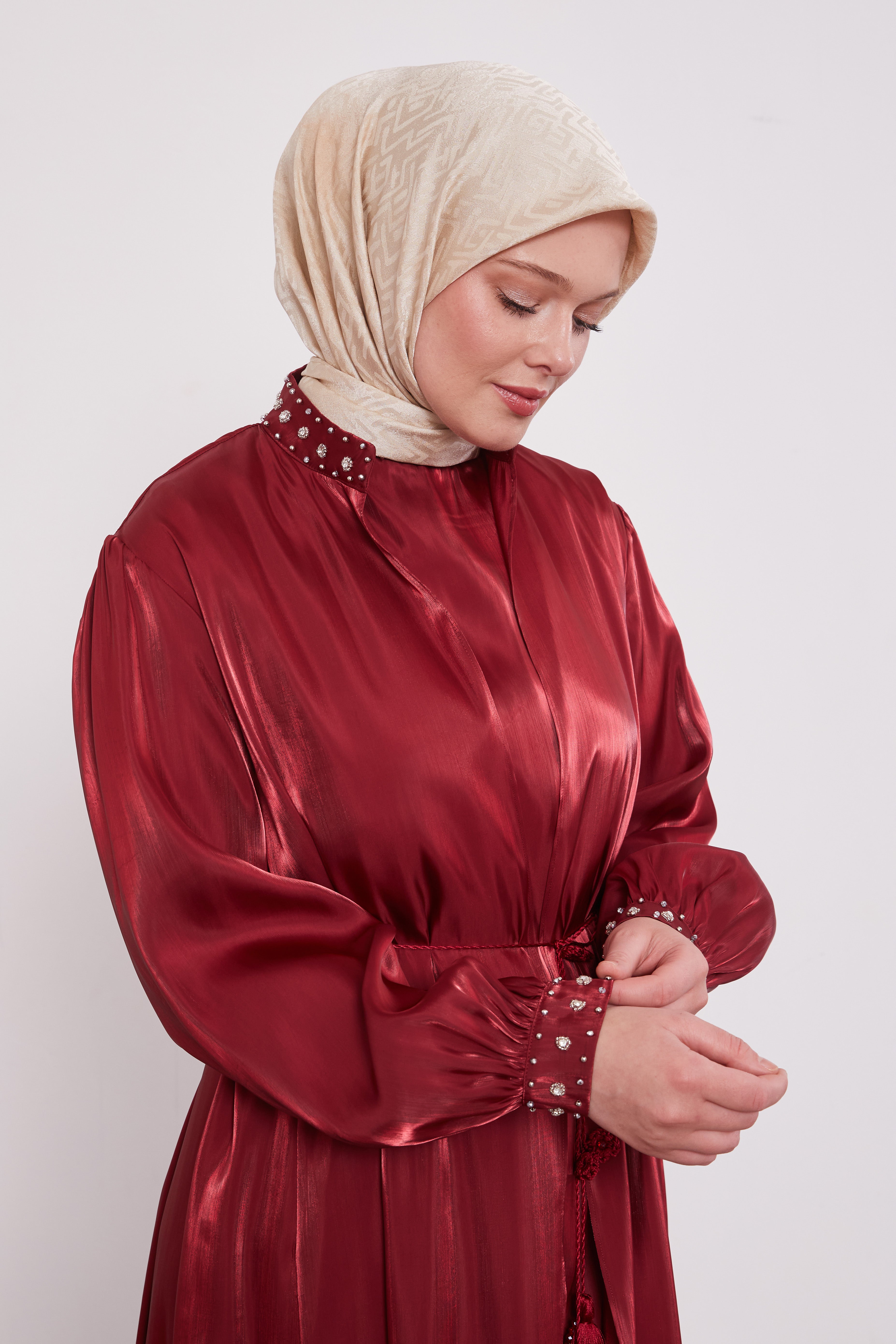 Organza 2 Piece Detailed Kimono Set Maroon